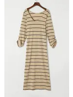 Apricot Striped Casual Slit Long Dress