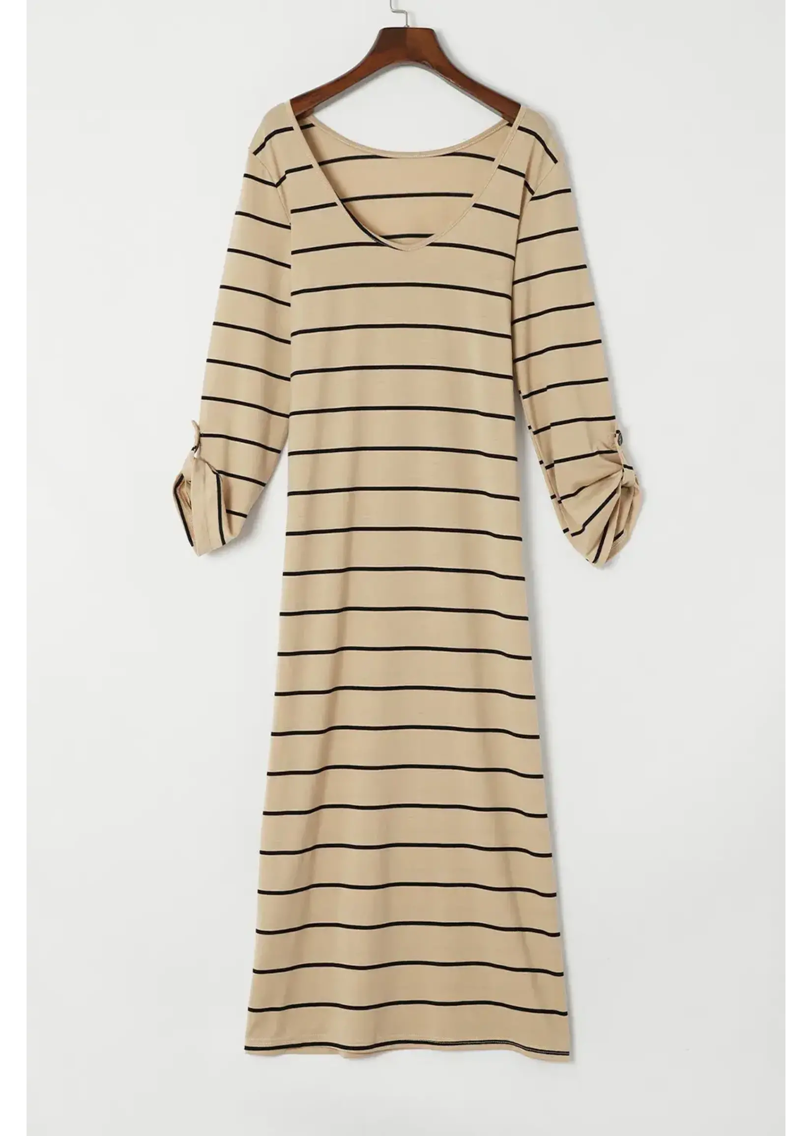 Apricot Striped Casual Slit Long Dress