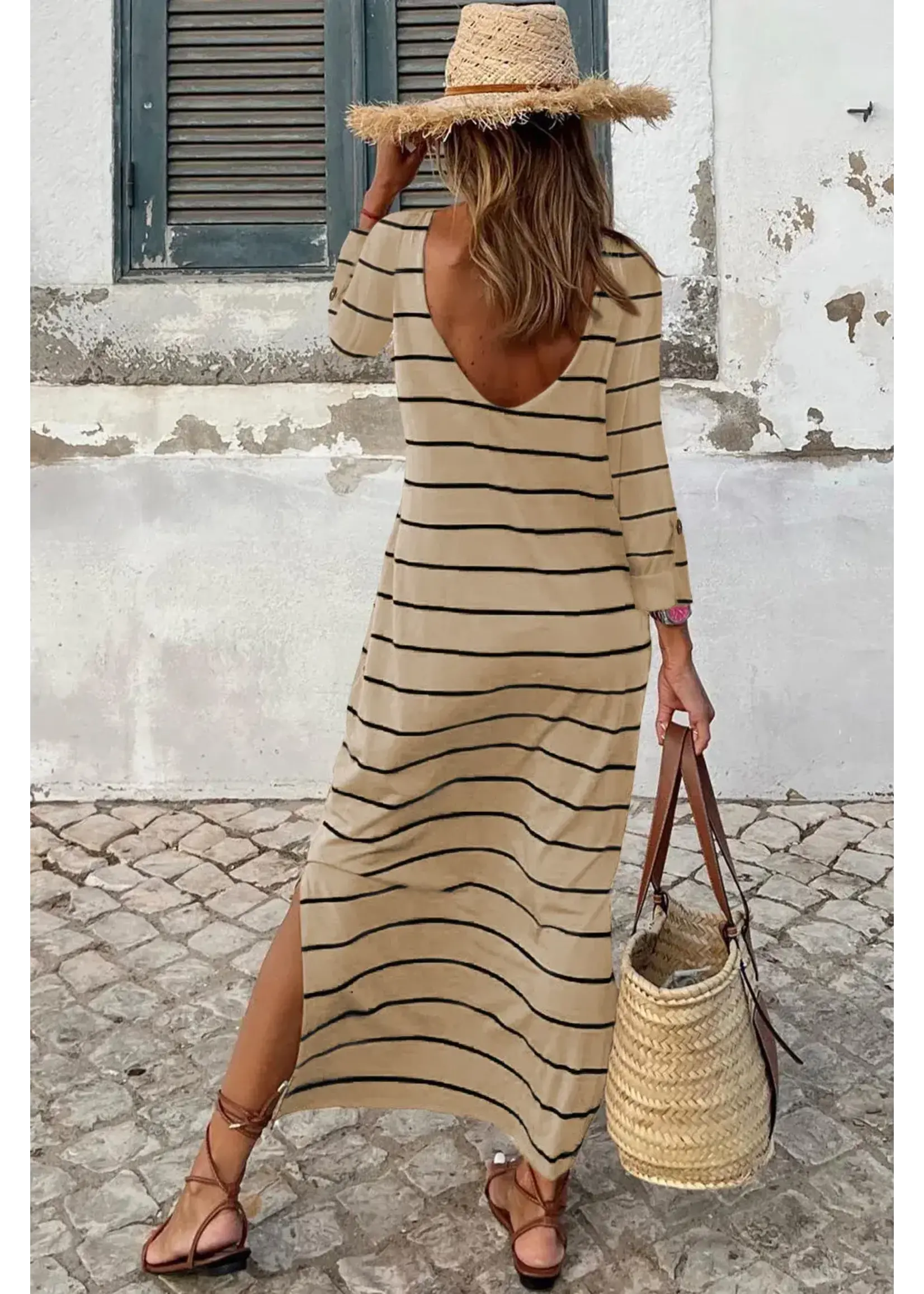 Apricot Striped Casual Slit Long Dress