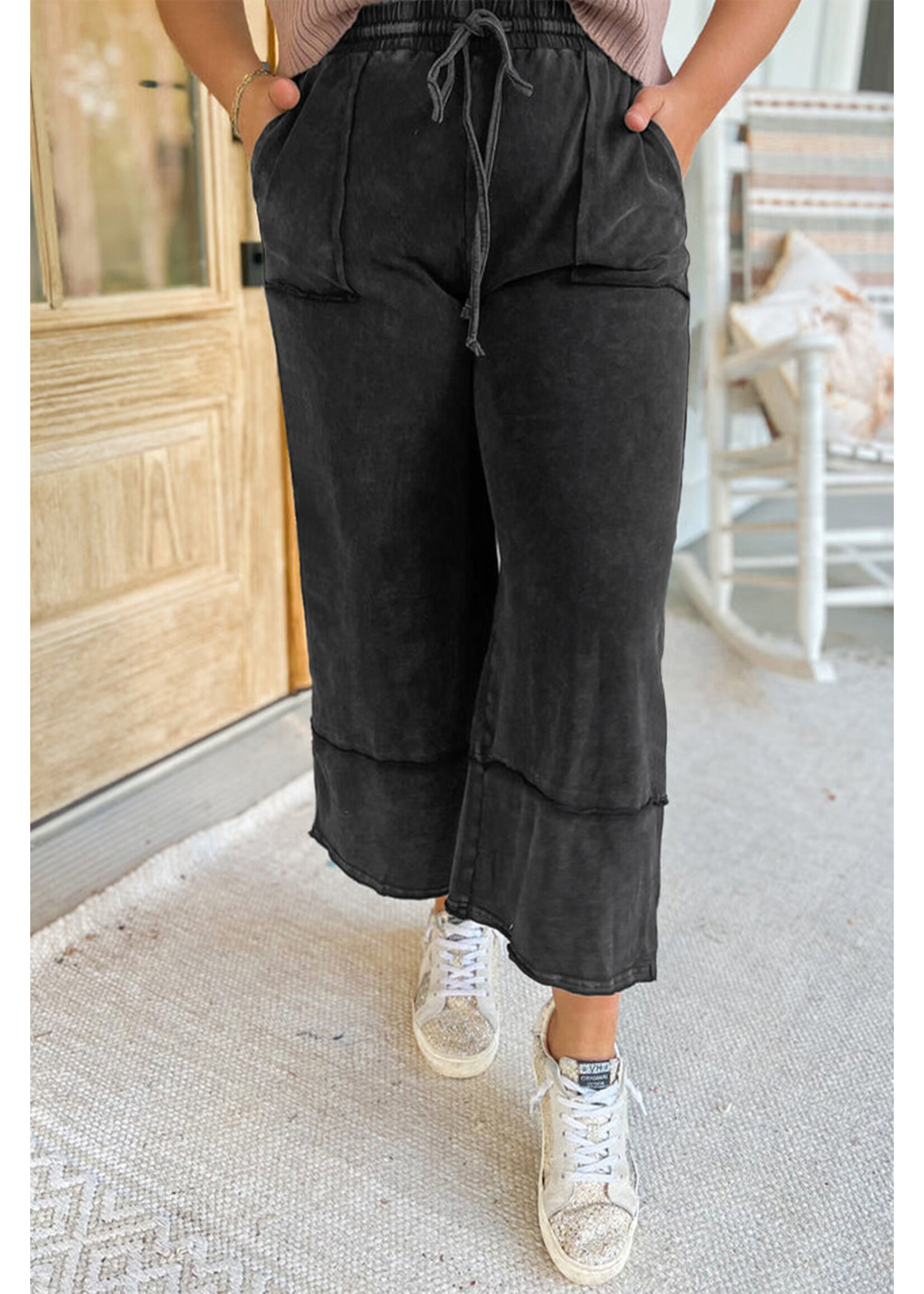 Black Plus Mineral Wash Exposed Seam Wide Leg Cropped Pants