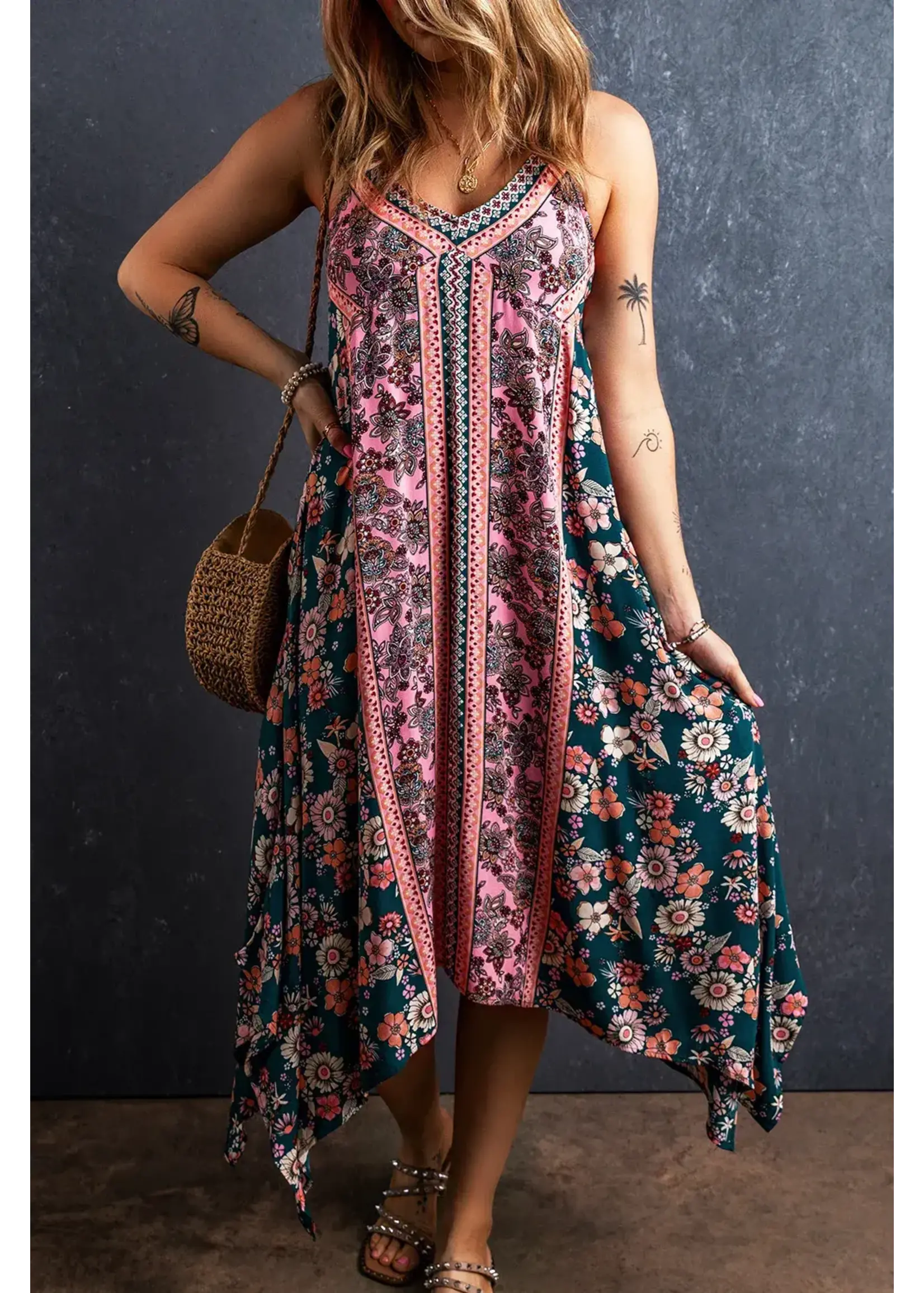 Pink Bohemian Floral Patchwork  Sundress