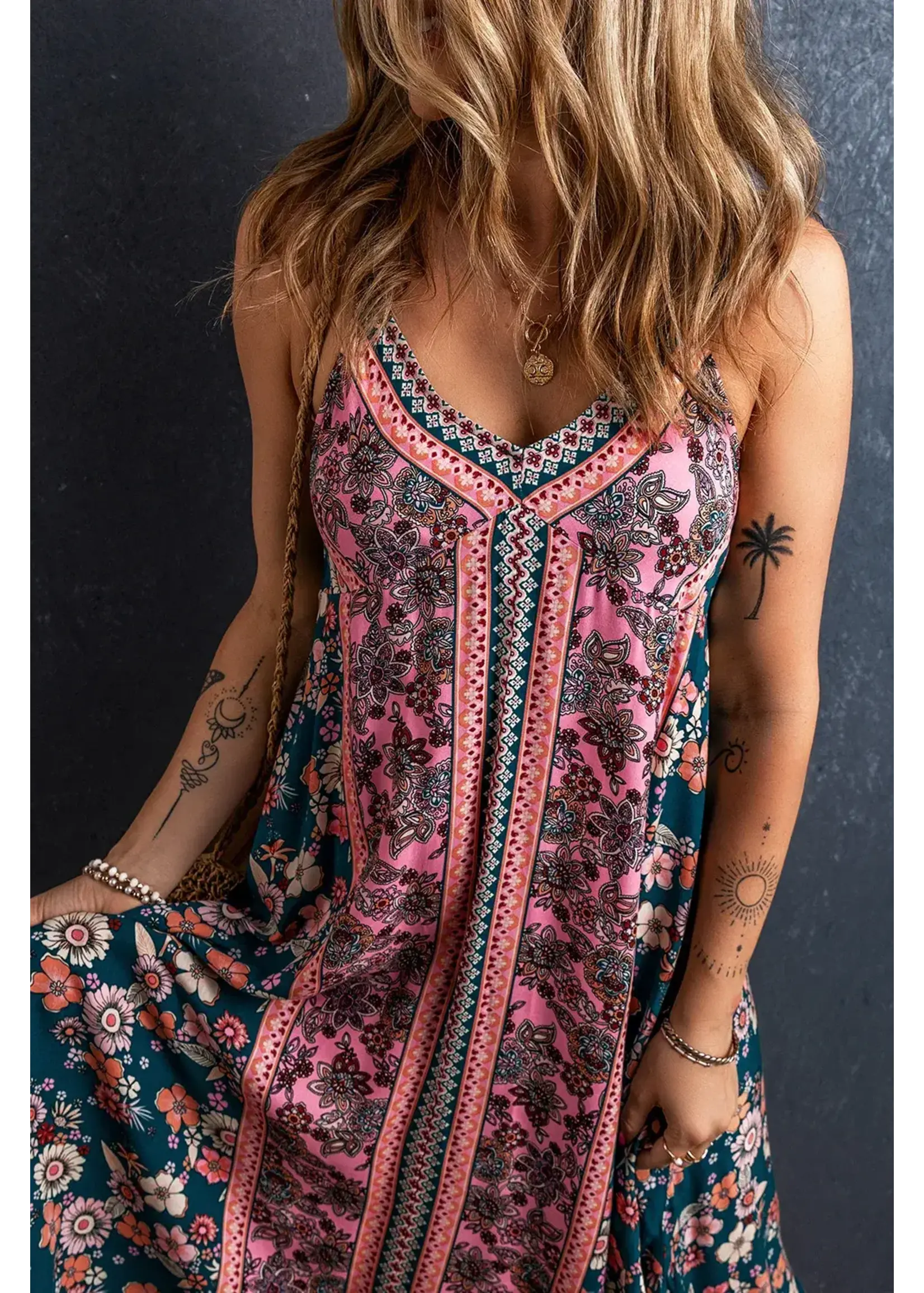 Pink Bohemian Floral Patchwork  Sundress