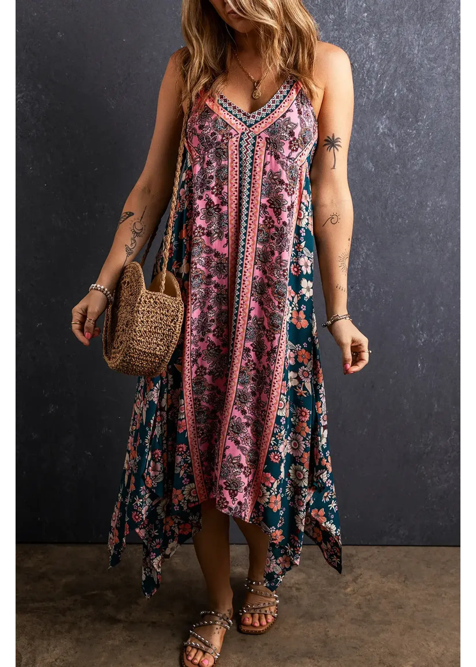 Pink Bohemian Floral Patchwork  Sundress