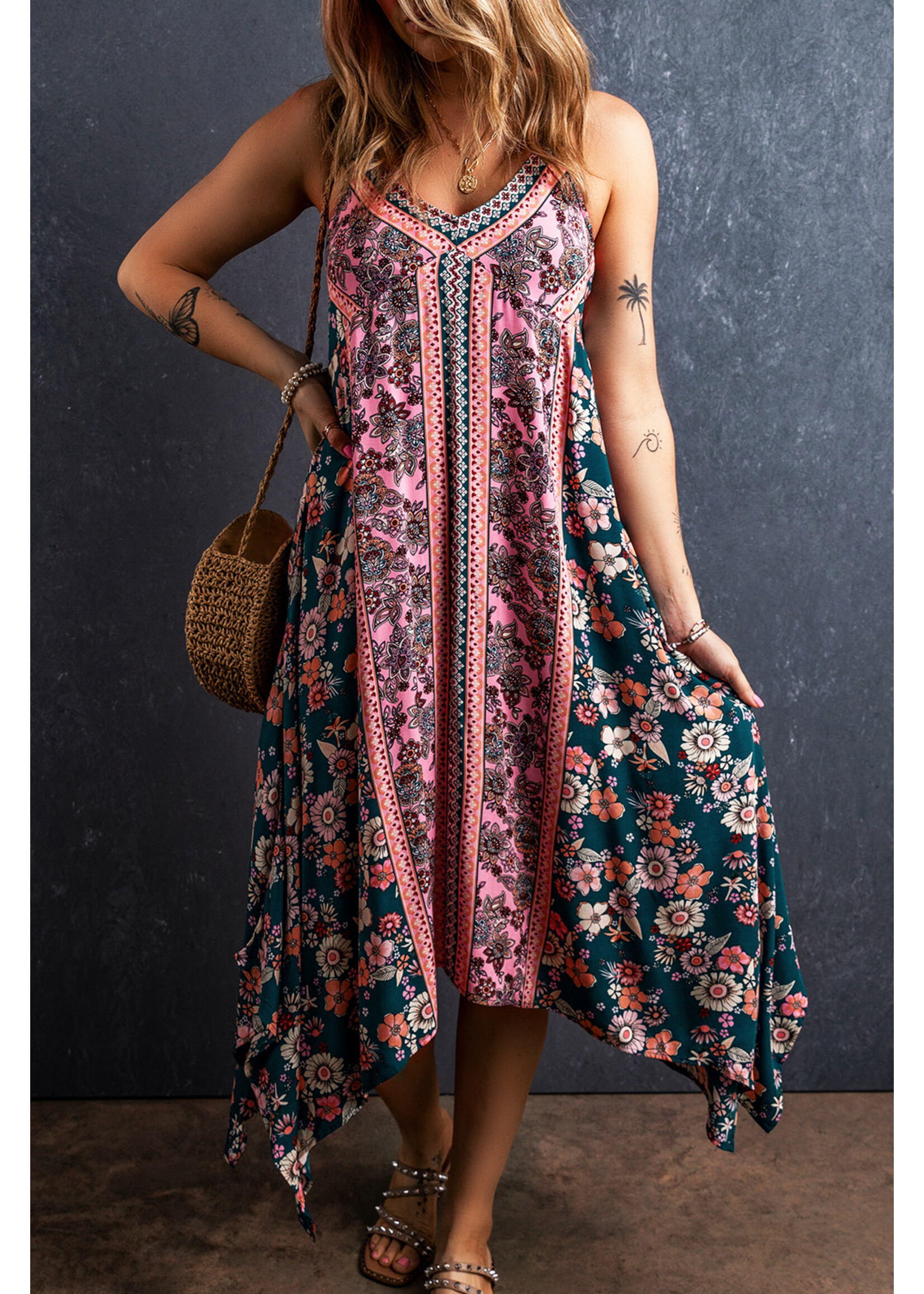 Pink Bohemian Floral Patchwork  Sundress