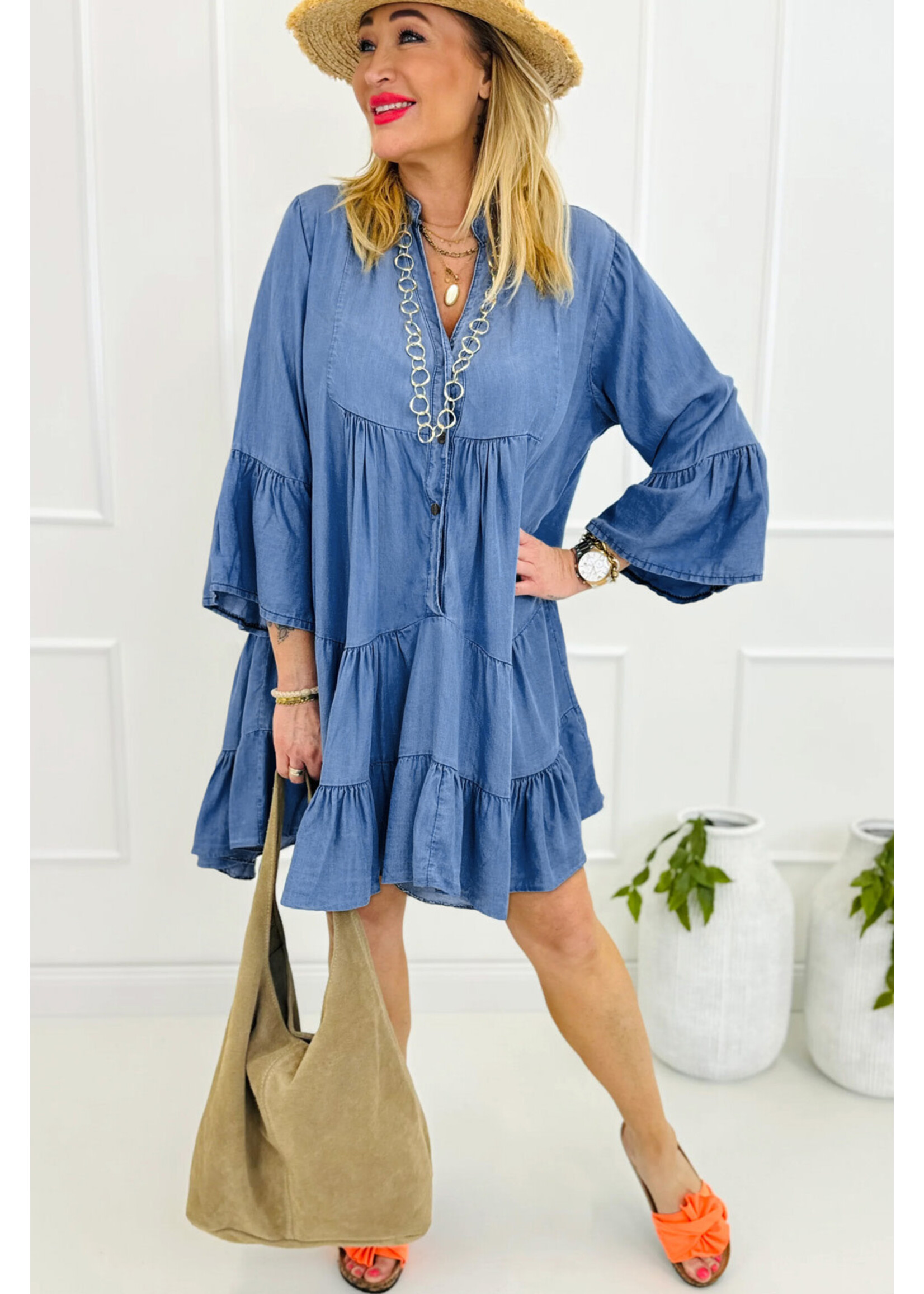 Sky Blue Chambray Ruffled 3/4