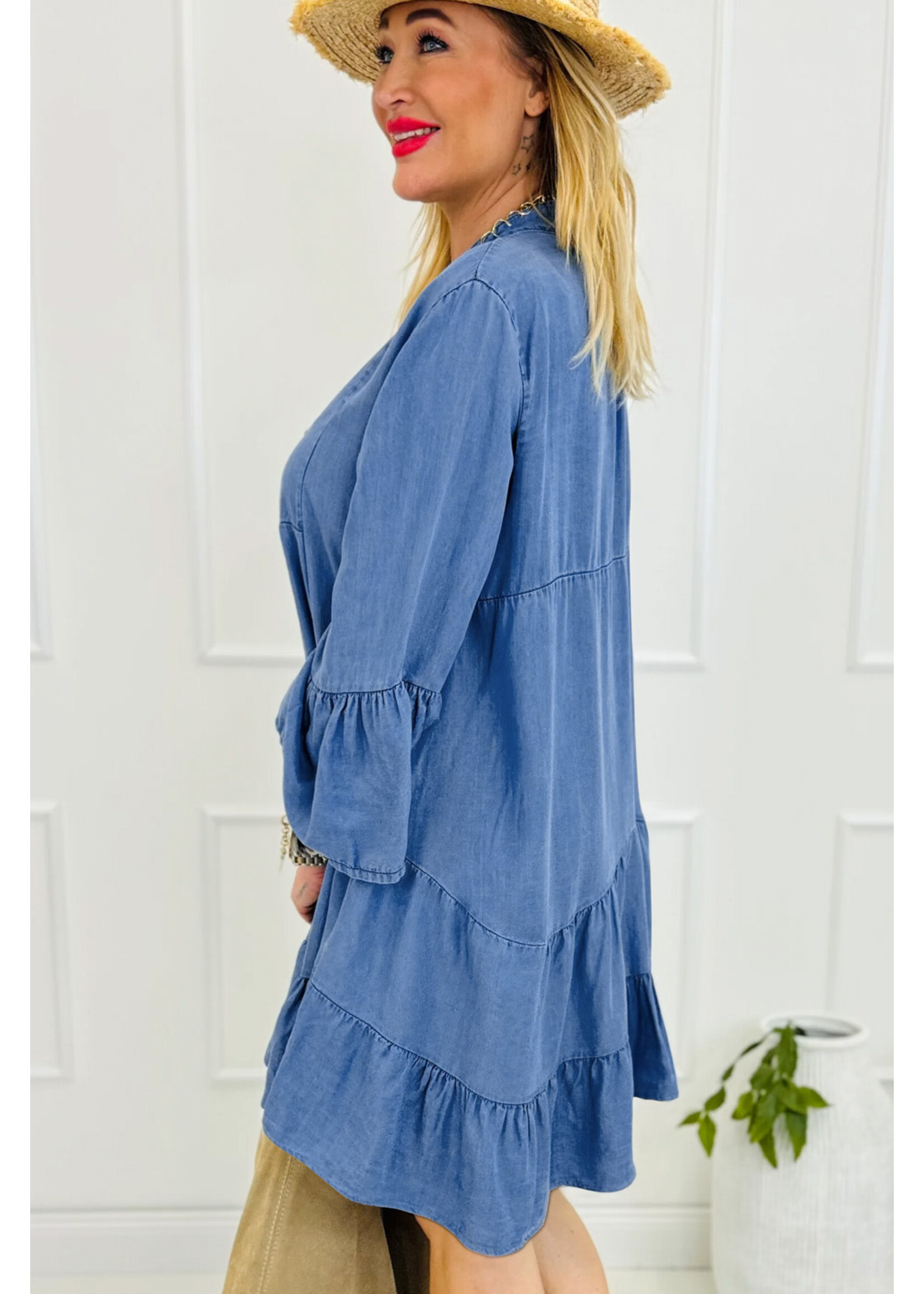 Sky Blue Chambray Ruffled 3/4