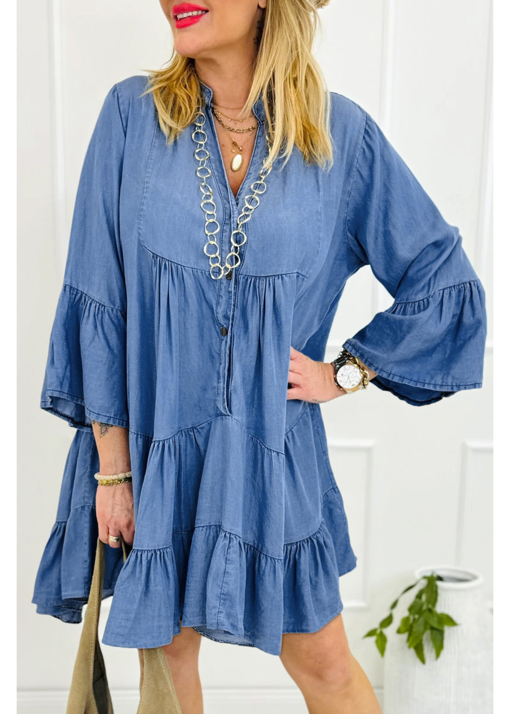 Sky Blue Chambray Ruffled 3/4