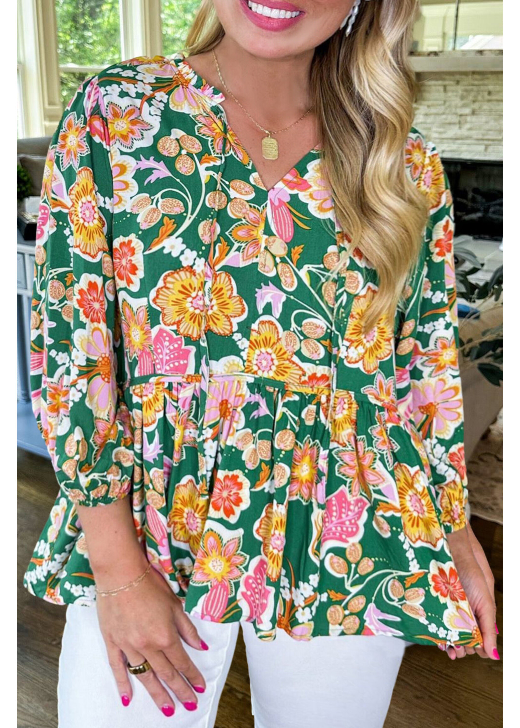 Green Floral Tied V Neck Long Sleeve