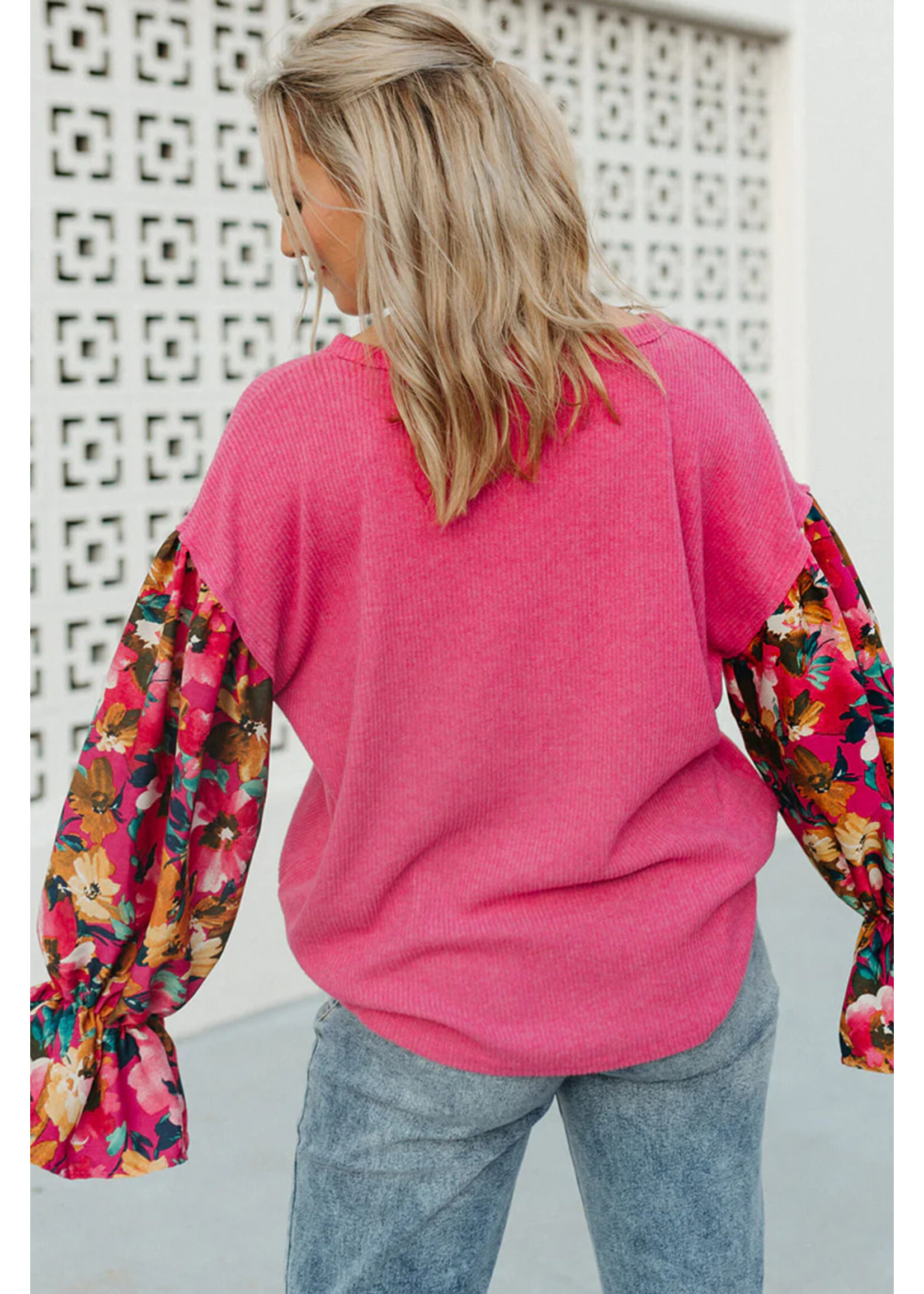 Bright Pink Floral Patchwork Flounce Sleeve