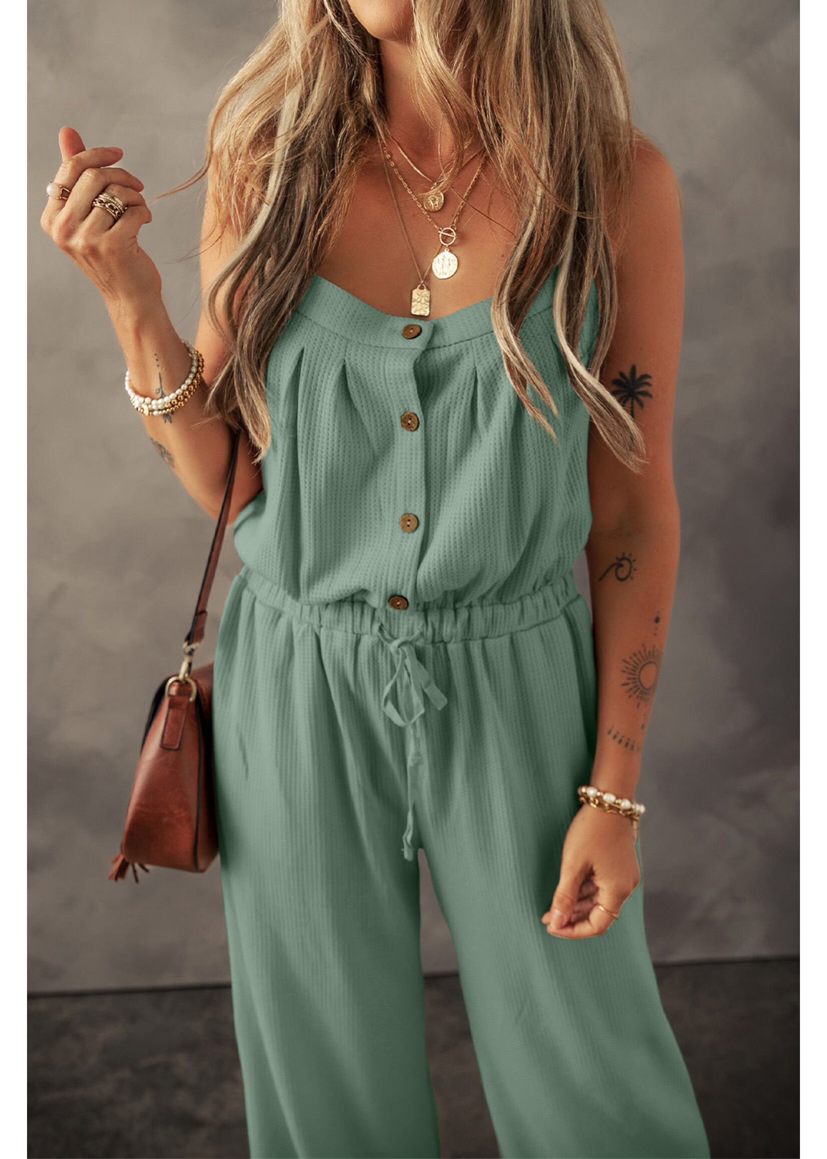 Knotted Straps Button  Drawstring Jumpsuit