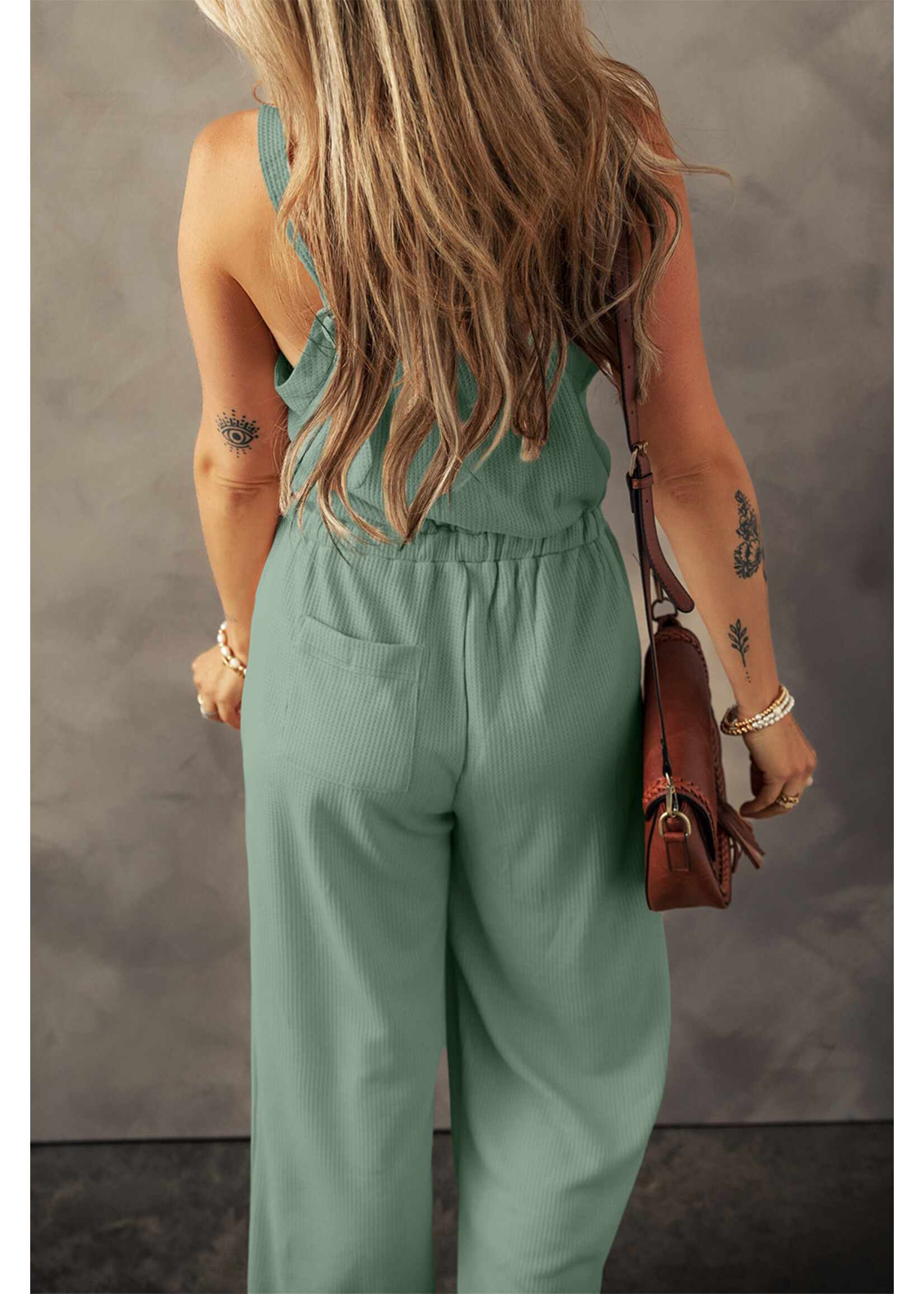 Knotted Straps Button  Drawstring Jumpsuit