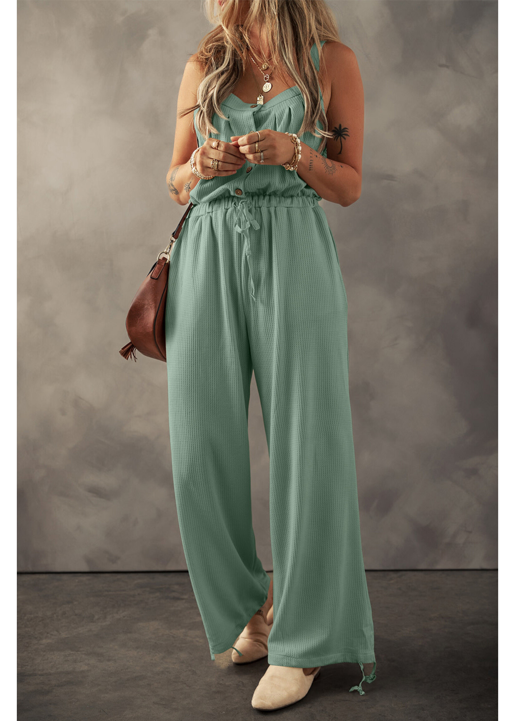 Knotted Straps Button  Drawstring Jumpsuit