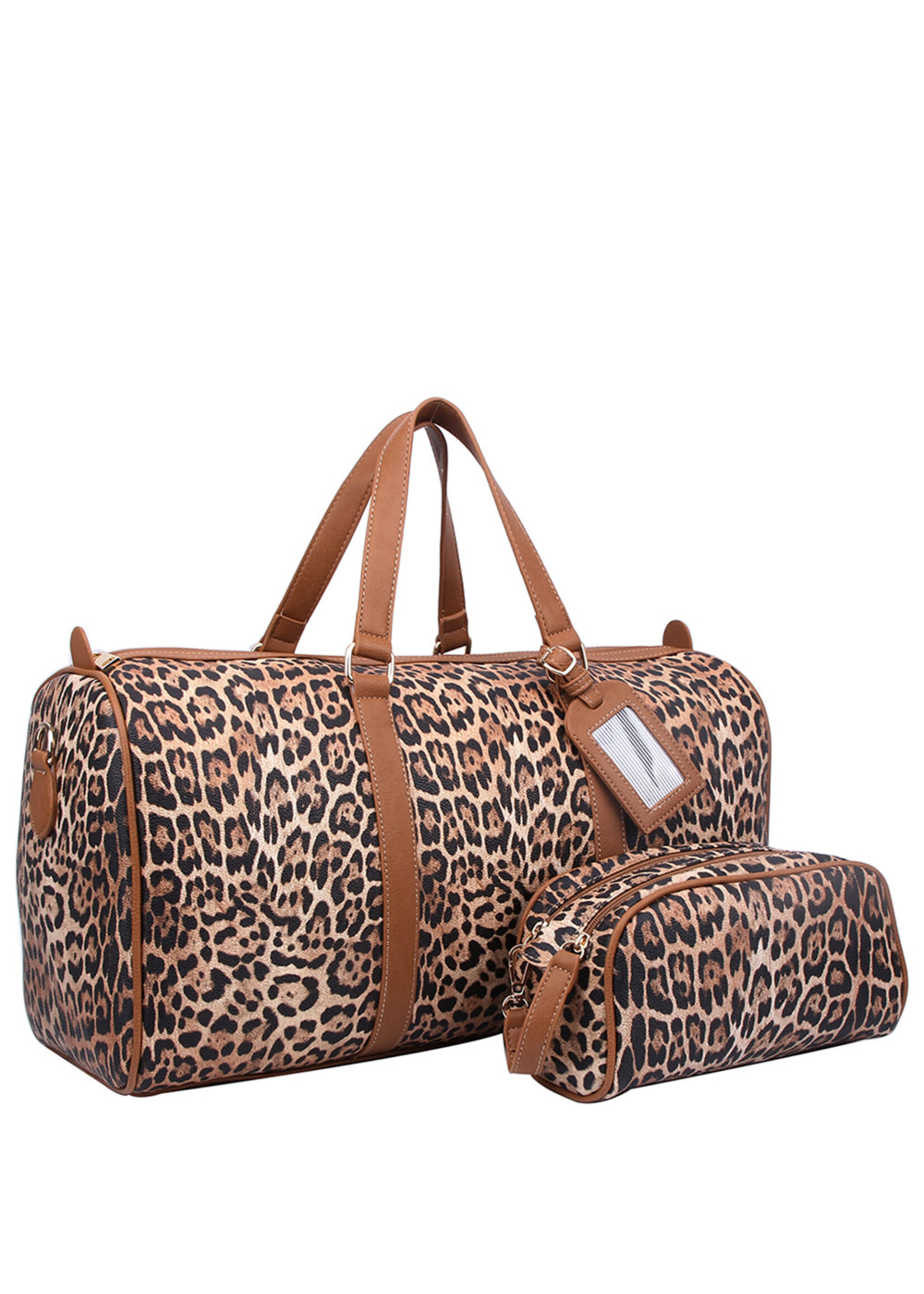 LARGE LEOPARD PRINT DUFFEL BAG W POUCH SET