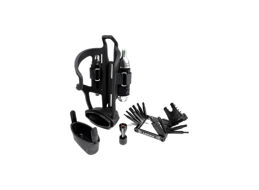 Lezyne, Tubeless Flow Storage Loaded, Bottle Cage, Composite, Includes CO2 Head, V18 Multi-Tool with Tubeless Reamer & Tire Plug Kits, 2 CO2 Cartridges (Right)
