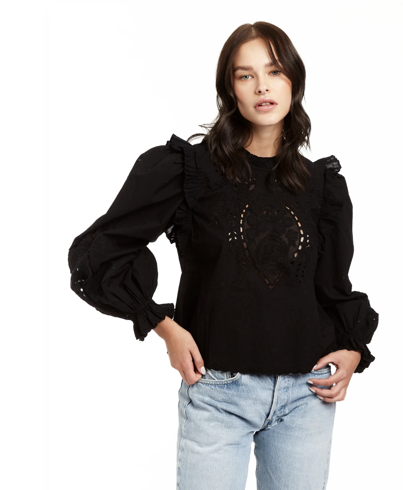 madewell eyelet bell sleeve shirt