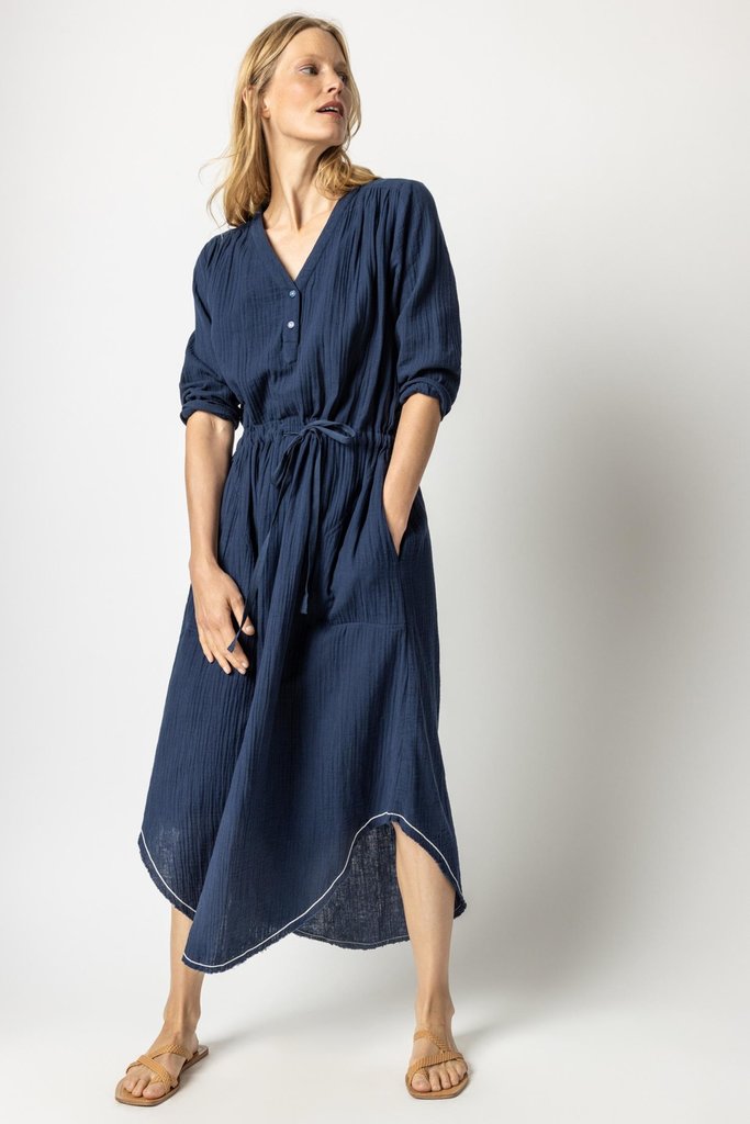 Lilla P 3/4 Sleeve Split Neck Maxi Dress