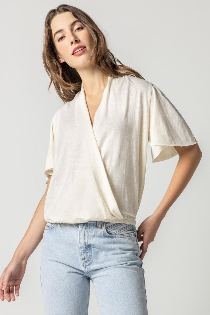 Lilla P Faux Wrap Flutter Sleeve Top