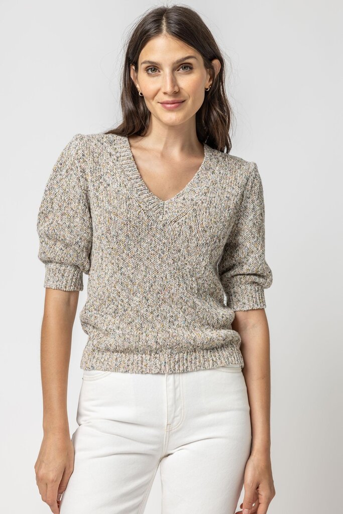 Lilla P Elbow Sleeve V-Neck Sweater