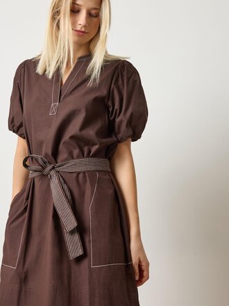 Lilla P Shirred Sleeve Split Neck Dress