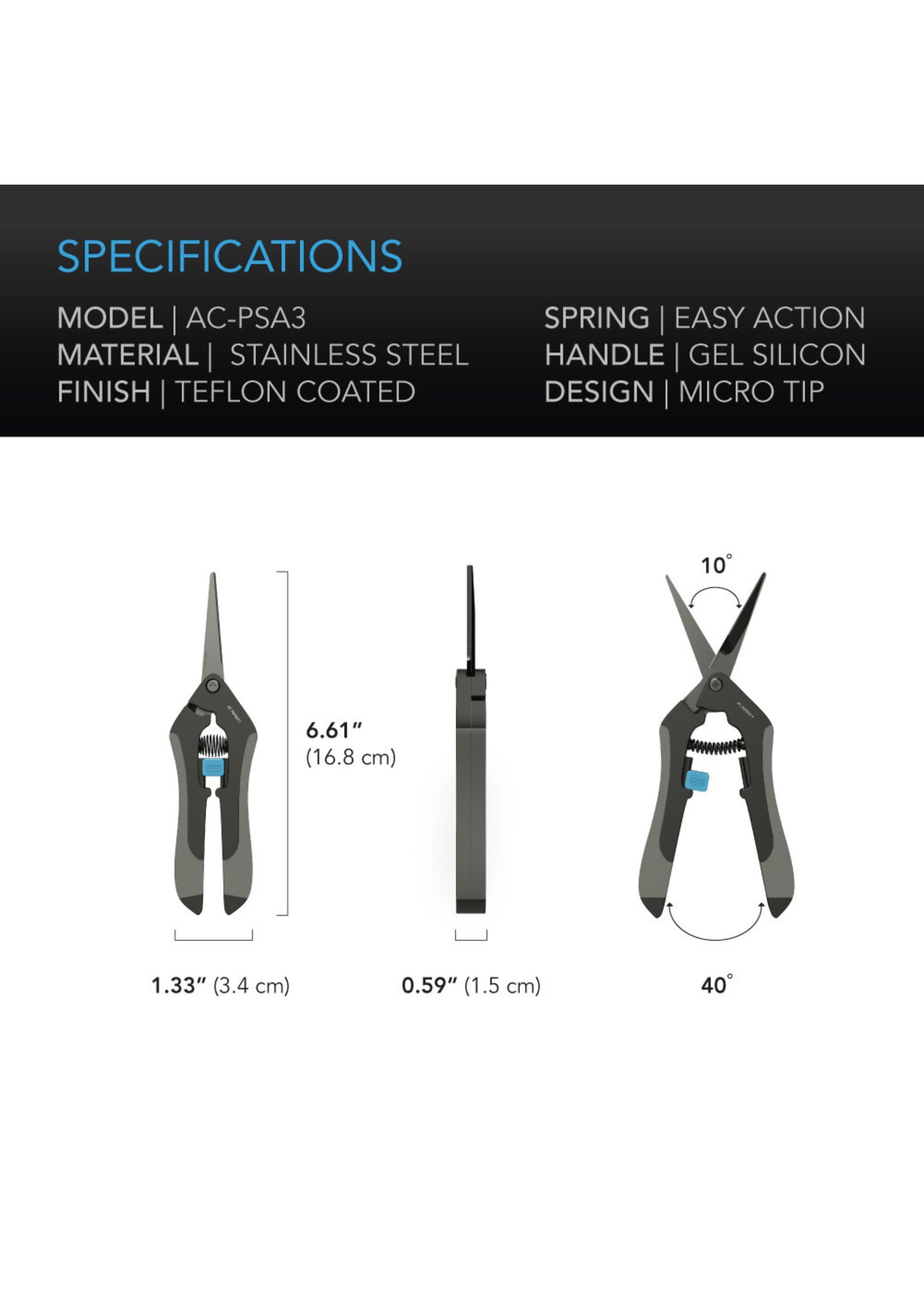 AC Infinity Ac Infinity Stainless Steel Pruning Shear, Ergonomic Lightweight, 6.6” Straight Blades