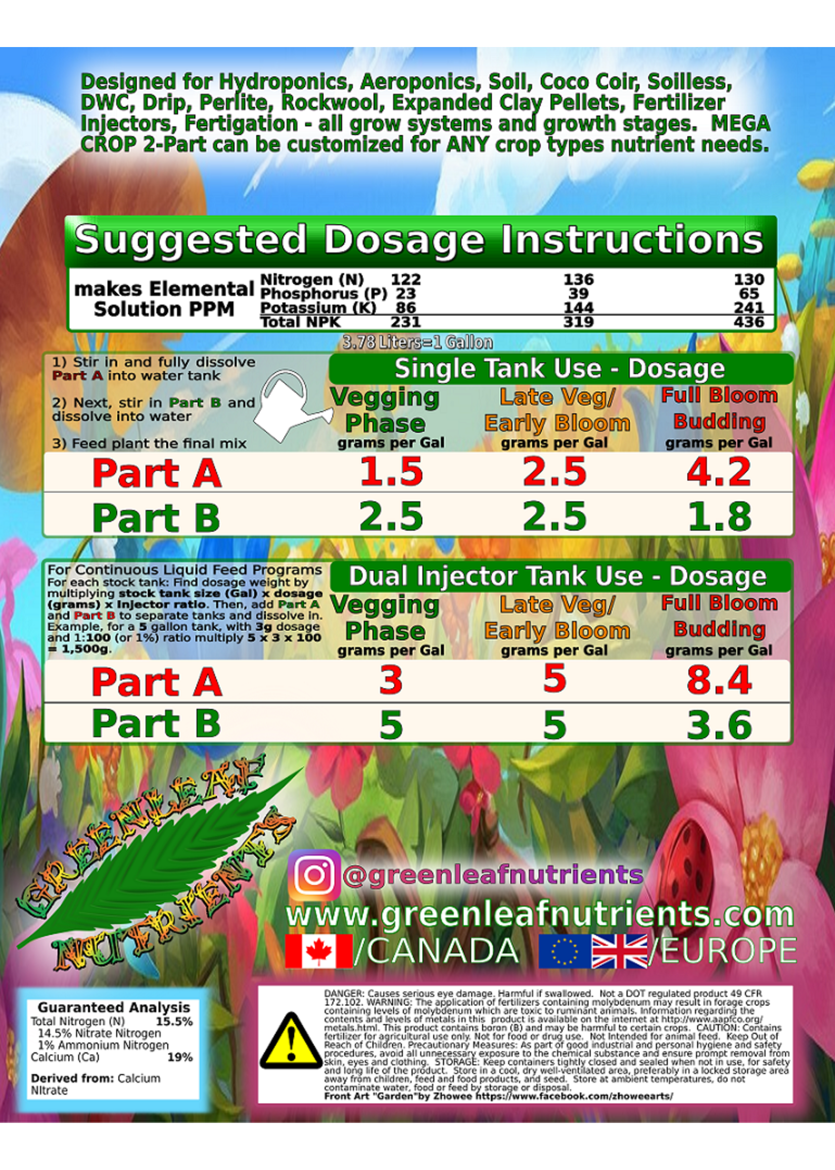Greenleaf Nutrients Mega Crop 2 Part B Hydroponic Professional 15.5-0-0