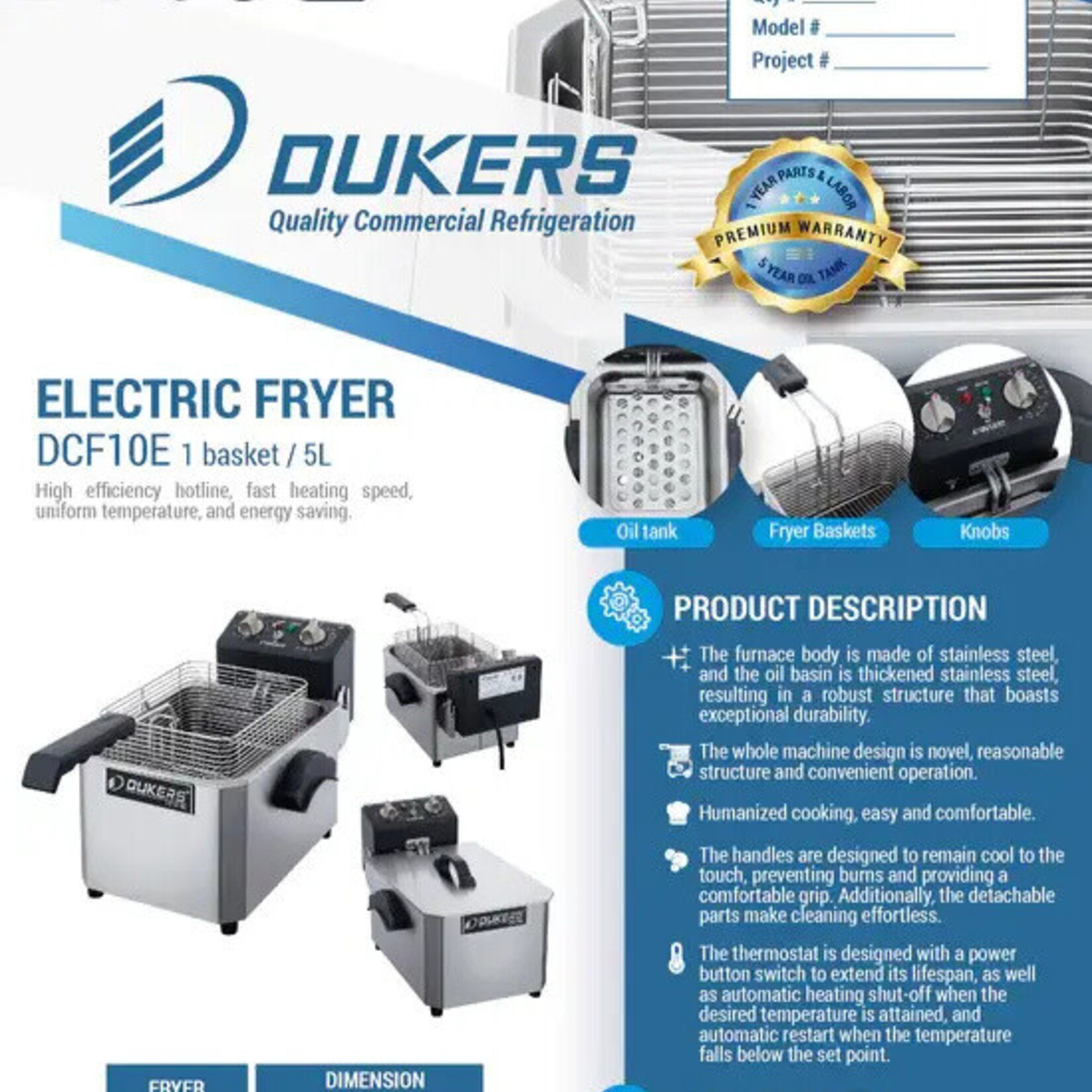 DUKERS DUKERS - 10lb One Basket Electric Countertop Fryer