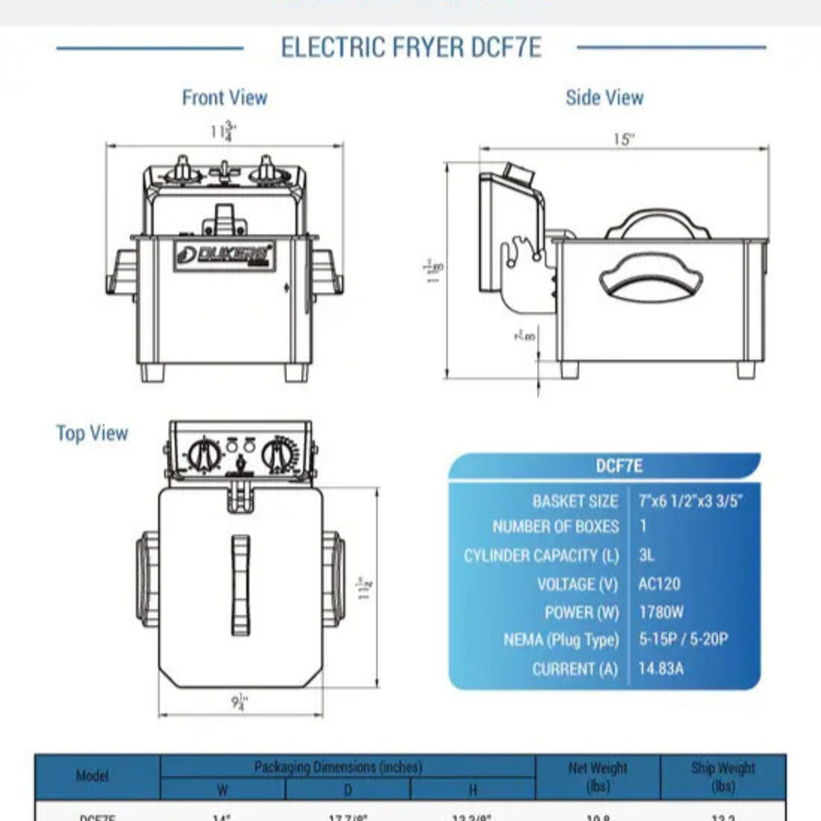 DUKERS DUKERS - 7lb Single Basket Electric Countertop Fryer