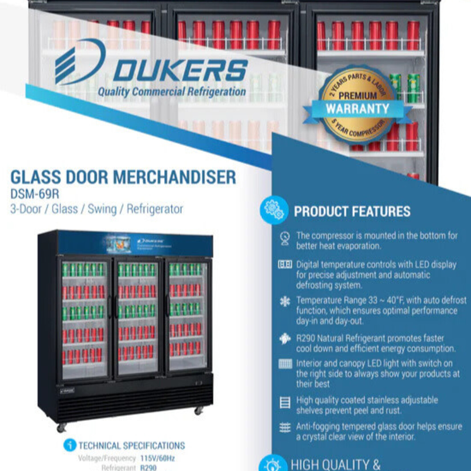 DUKERS DUKERS - 3-Door Merchandiser Refrigerator Glass Swing