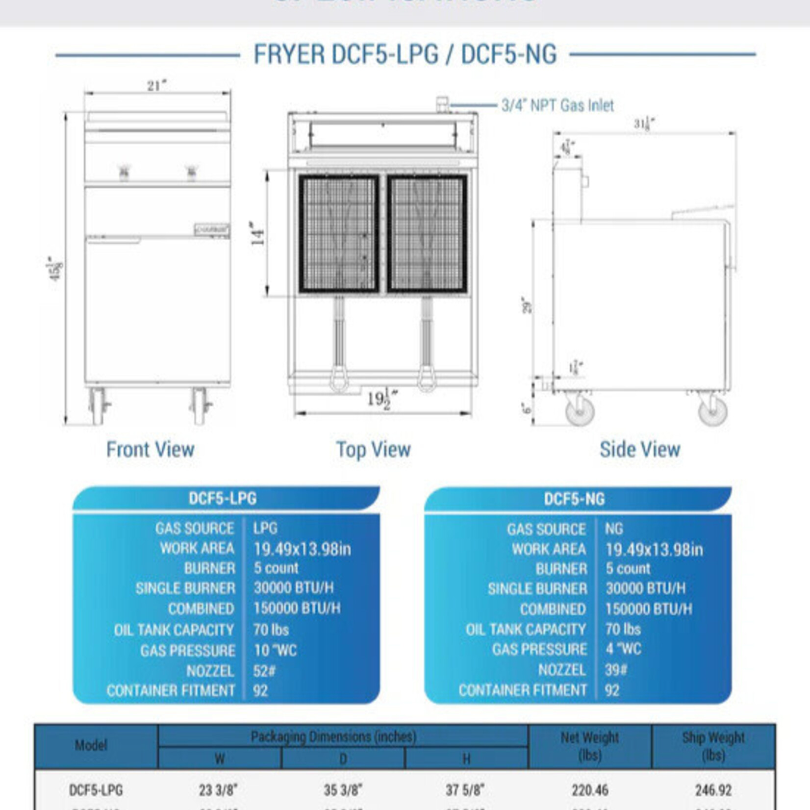 DUKERS DUKERS - 5 Tube Burners Liquid Propane Gas Fryer