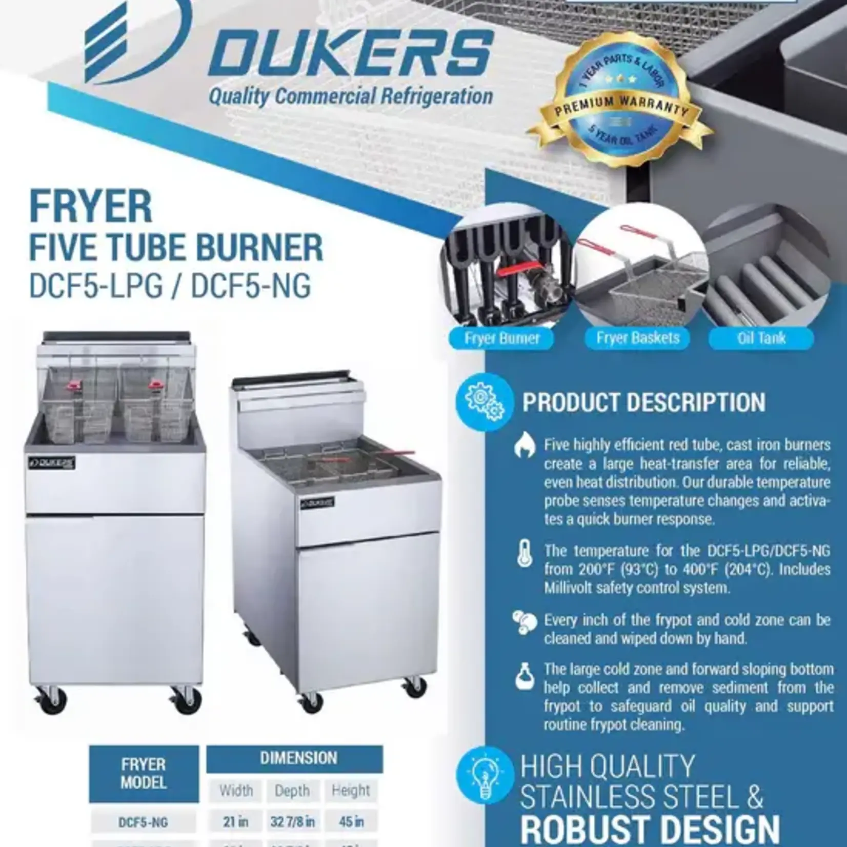 DUKERS DUKERS - 5 Tube Burners Natural Gas Fryer