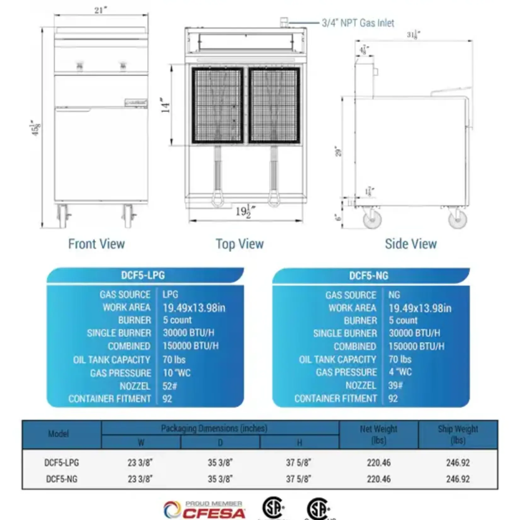 DUKERS DUKERS - 5 Tube Burners Natural Gas Fryer