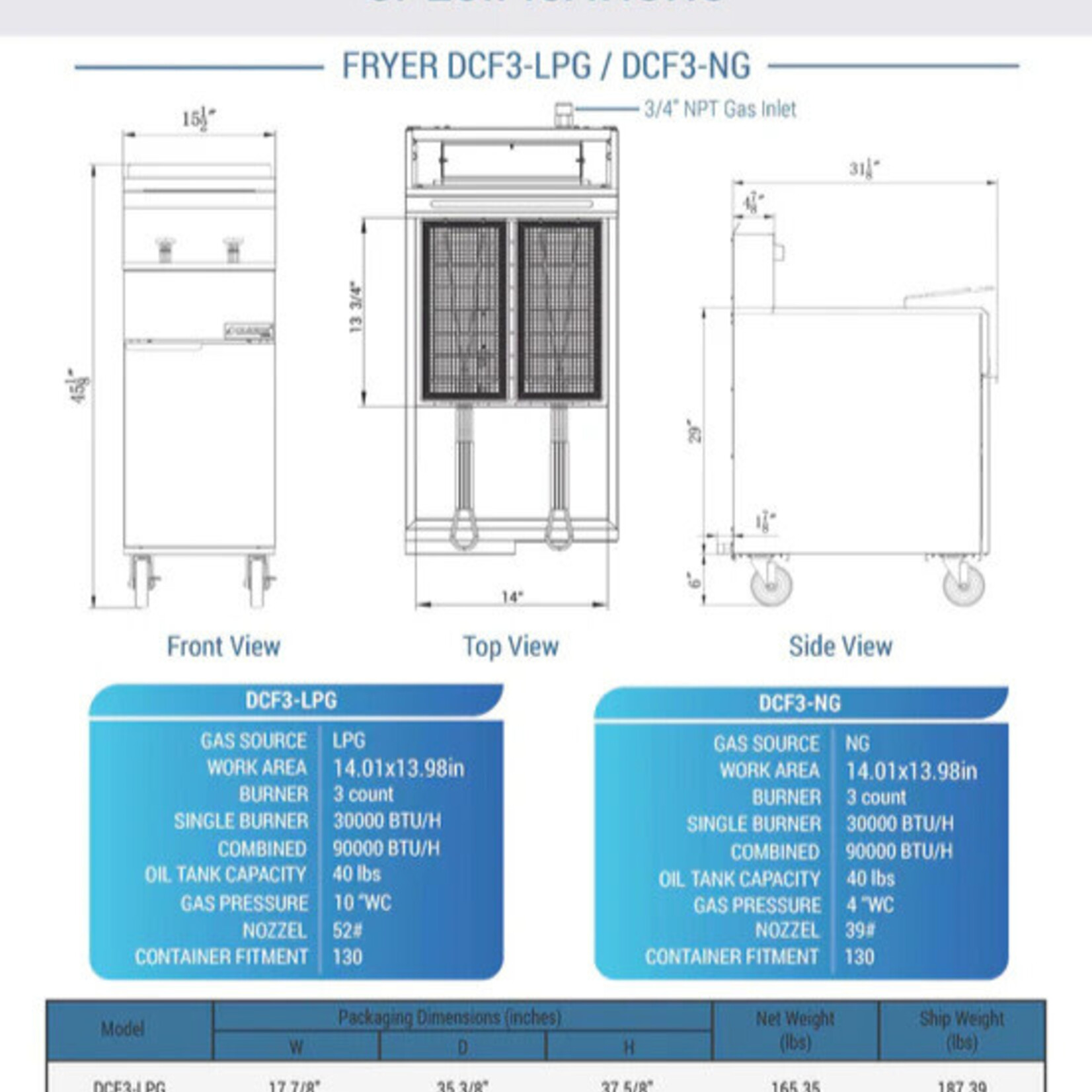 DUKERS DUKERS -  3 Tube Burners Natural gas fryer