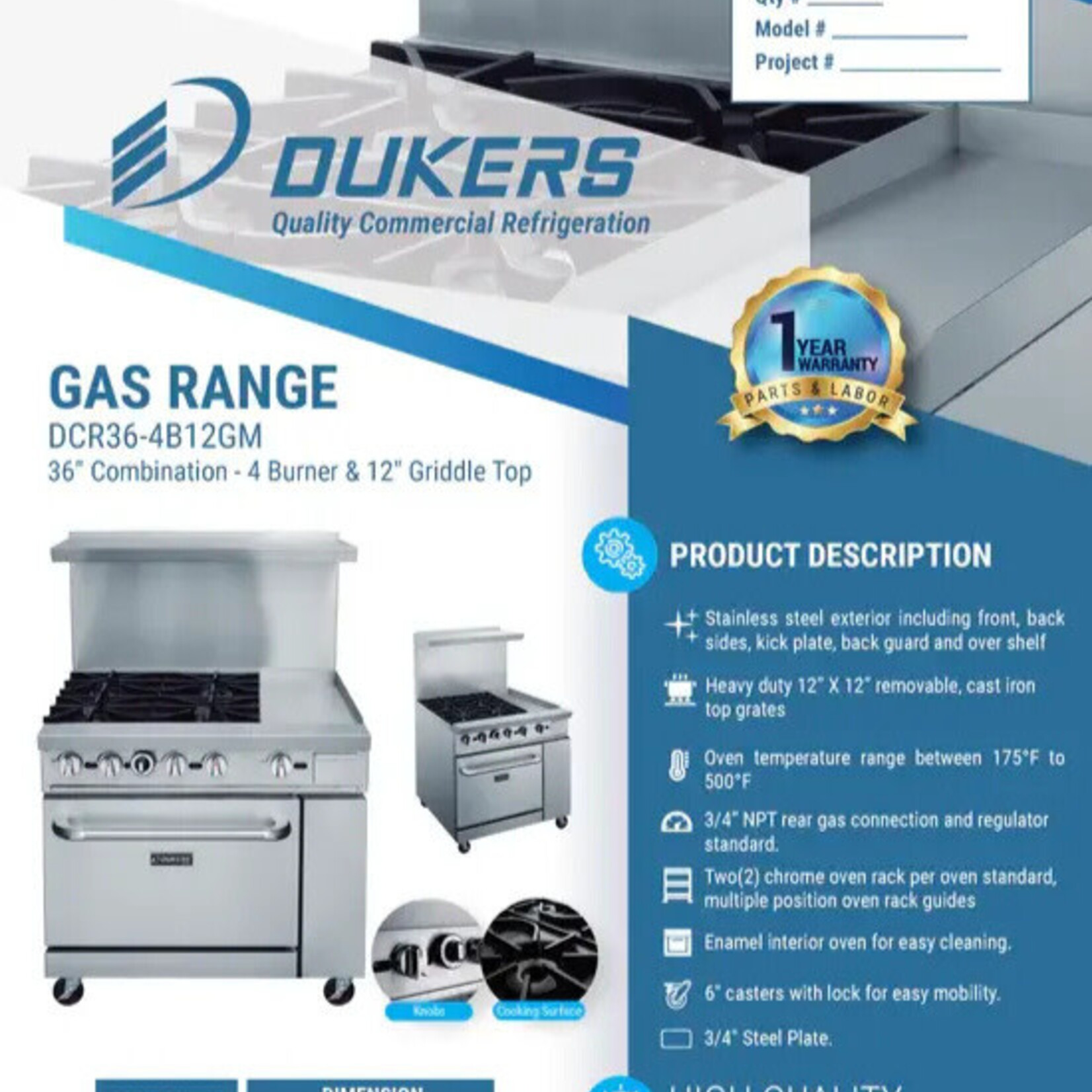 DUKERSRange Ovens Four Open Burners & 12" Griddle 36" Buhaya Solutions