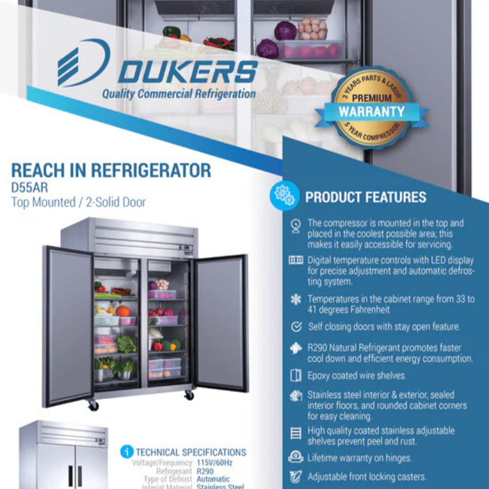 DUKERS DUKERS - 2-Door Top Mount Commercial  Refrigerator in Stainless Steel