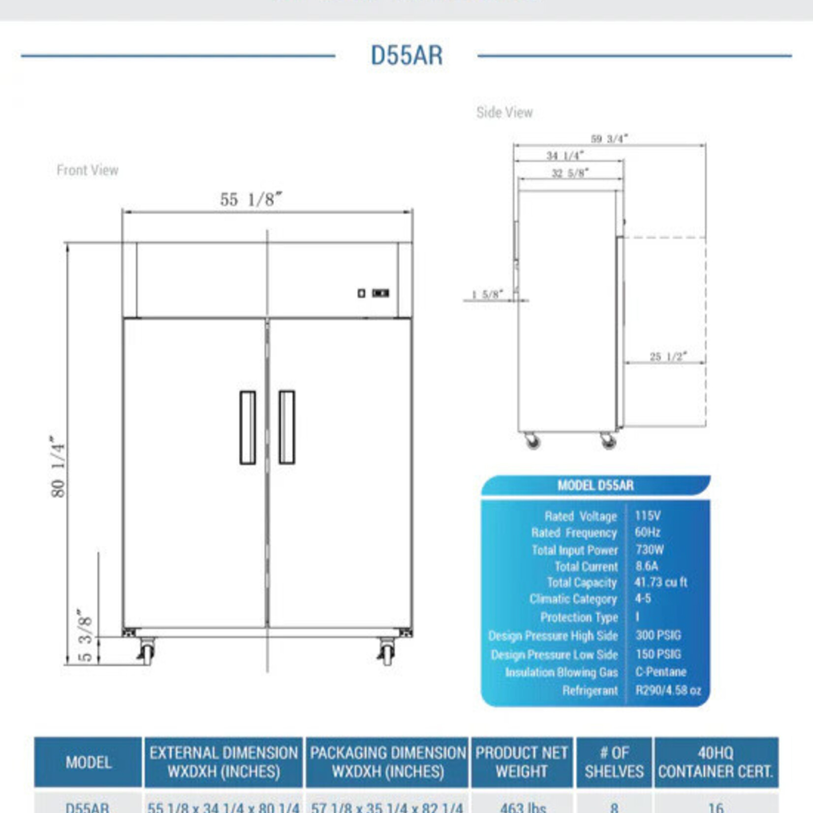 DUKERS DUKERS - 2-Door Top Mount Commercial  Refrigerator in Stainless Steel