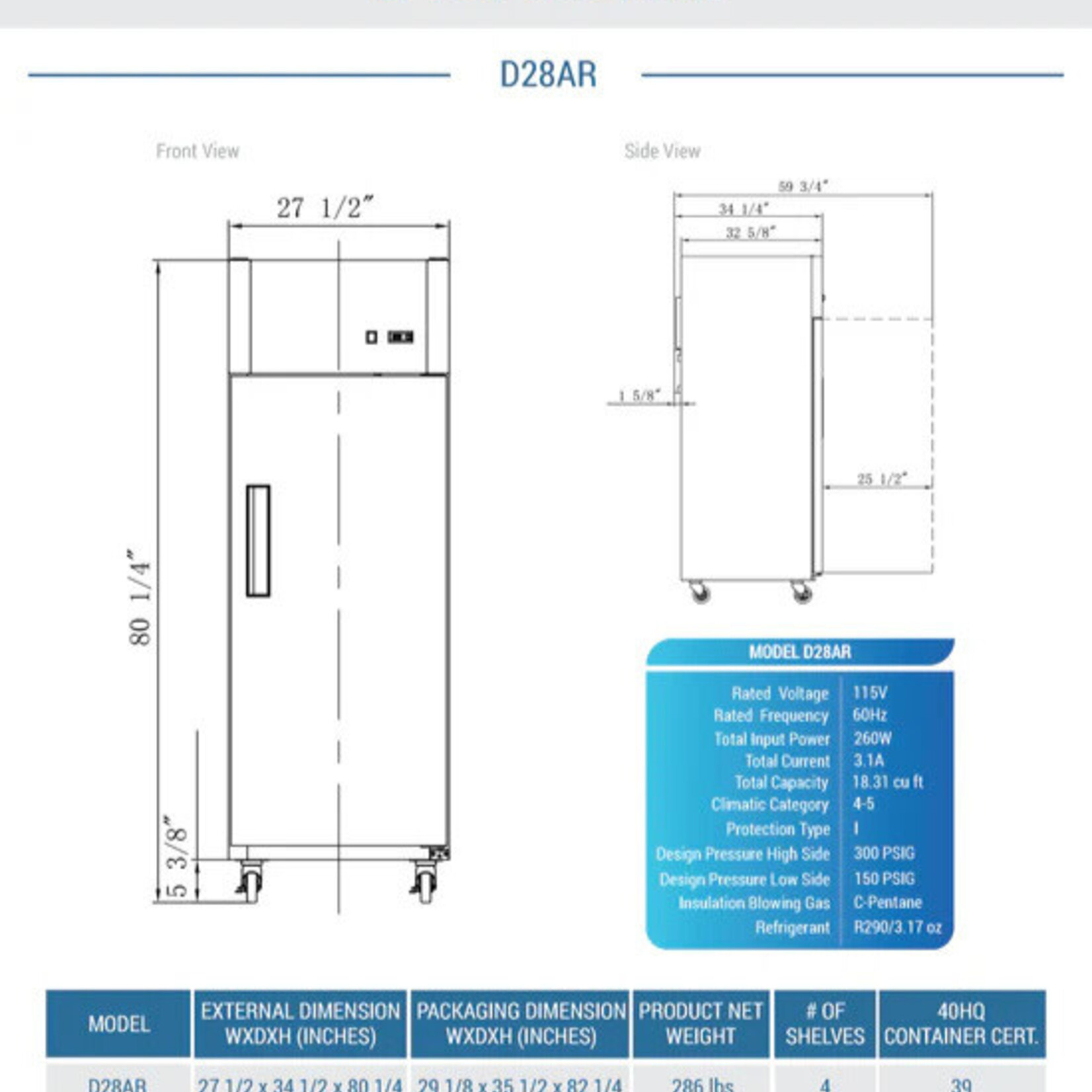 DUKERS DUKERS -  Single Door Top Mount Commercial Refrigerator in Stainless Steel