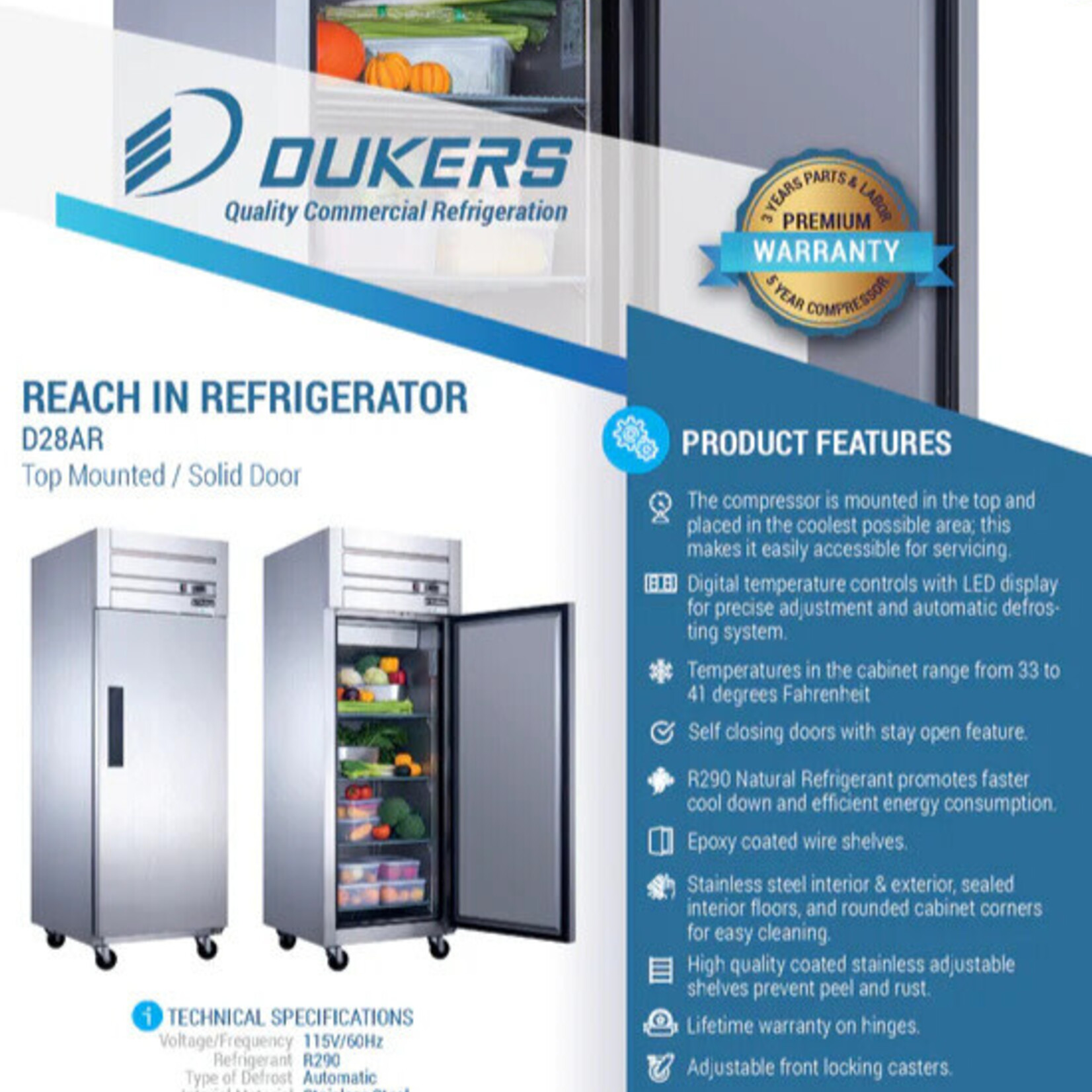 DUKERS DUKERS -  Single Door Top Mount Commercial Refrigerator in Stainless Steel