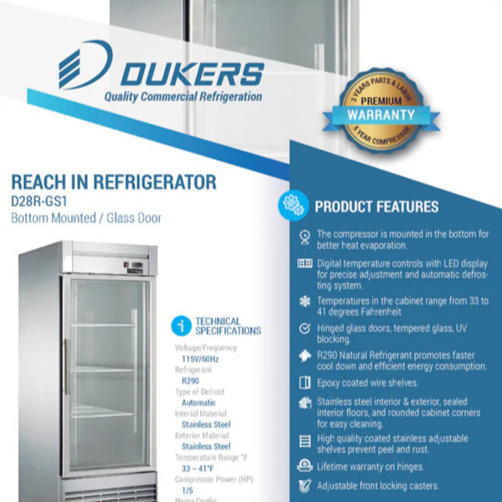 DUKERS DUKERS - Bottom Mount Glass Single Door Commercial Reach-in Refrigerator