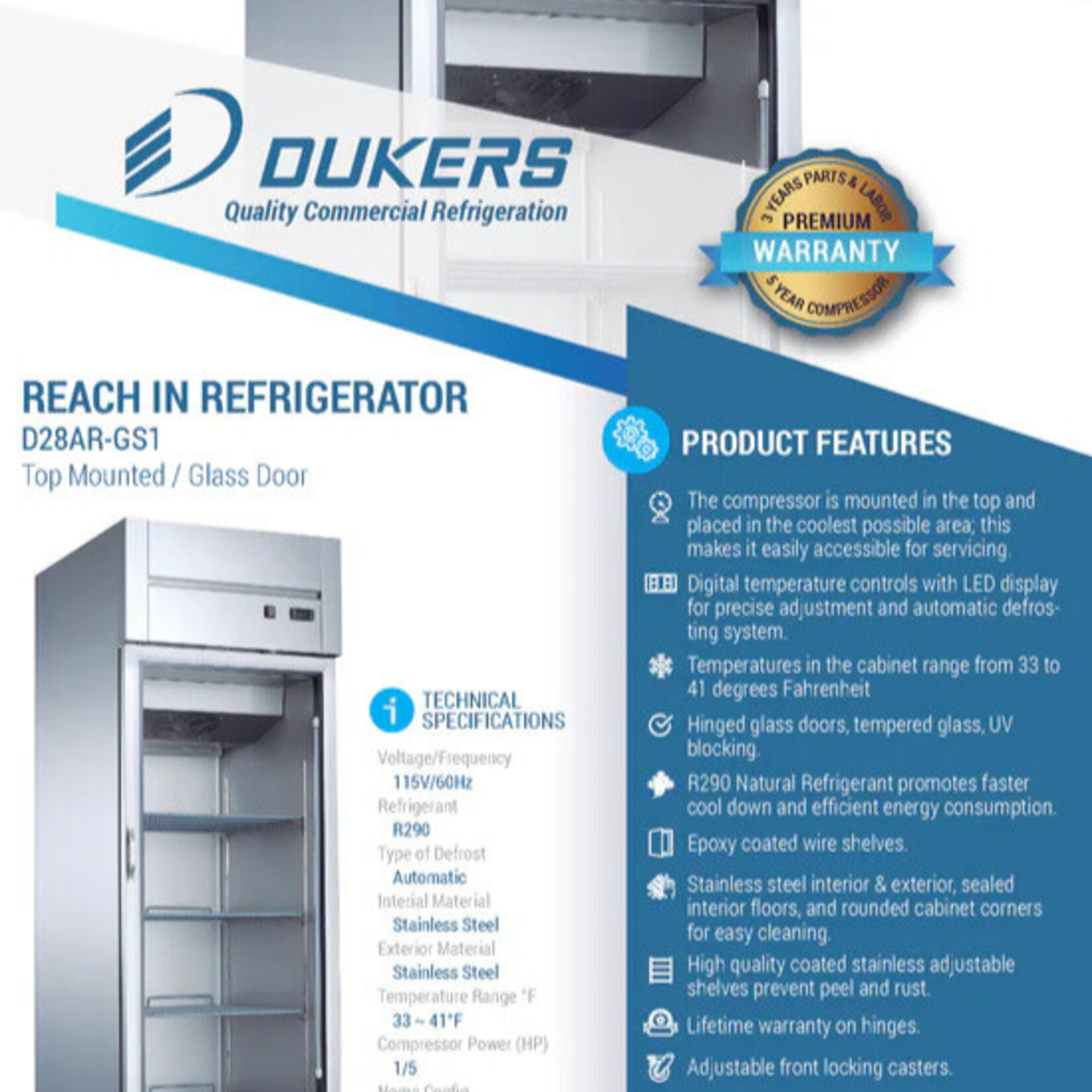 DUKERS DUKERS -  Top Mount Single Glass Door Commercial Reach-in Refrigerator