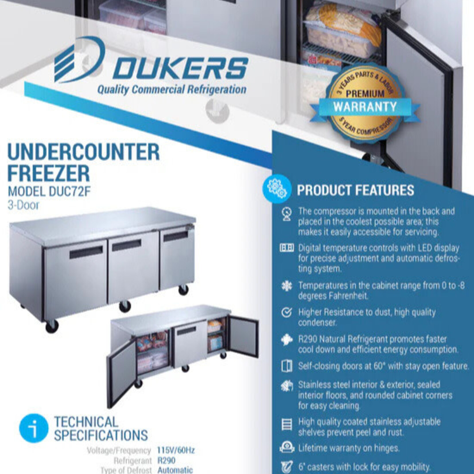 DUKERS DUKERS - 3-Door Undercounter Commercial Freezer in Stainless Steel