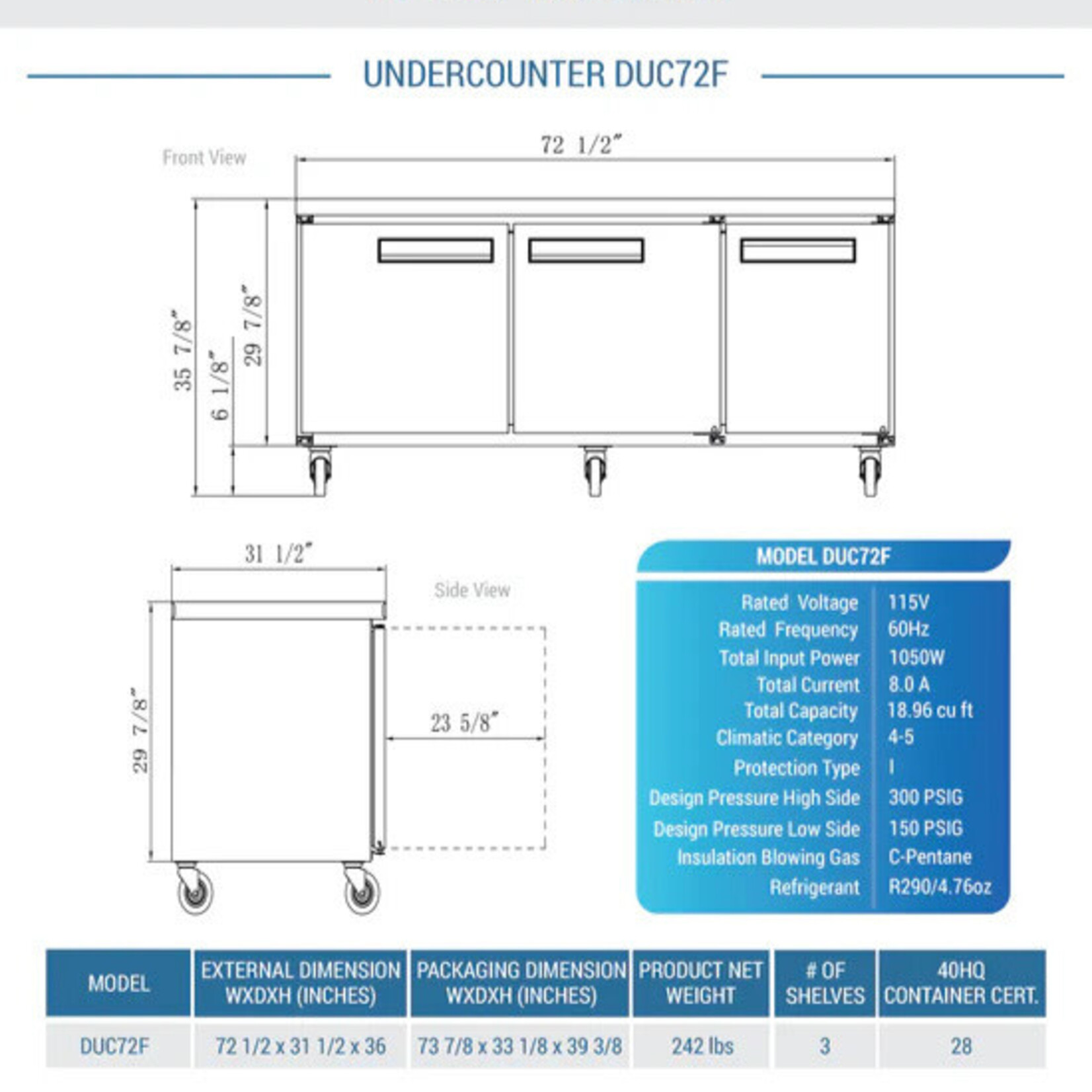 DUKERS DUKERS - 3-Door Undercounter Commercial Freezer in Stainless Steel