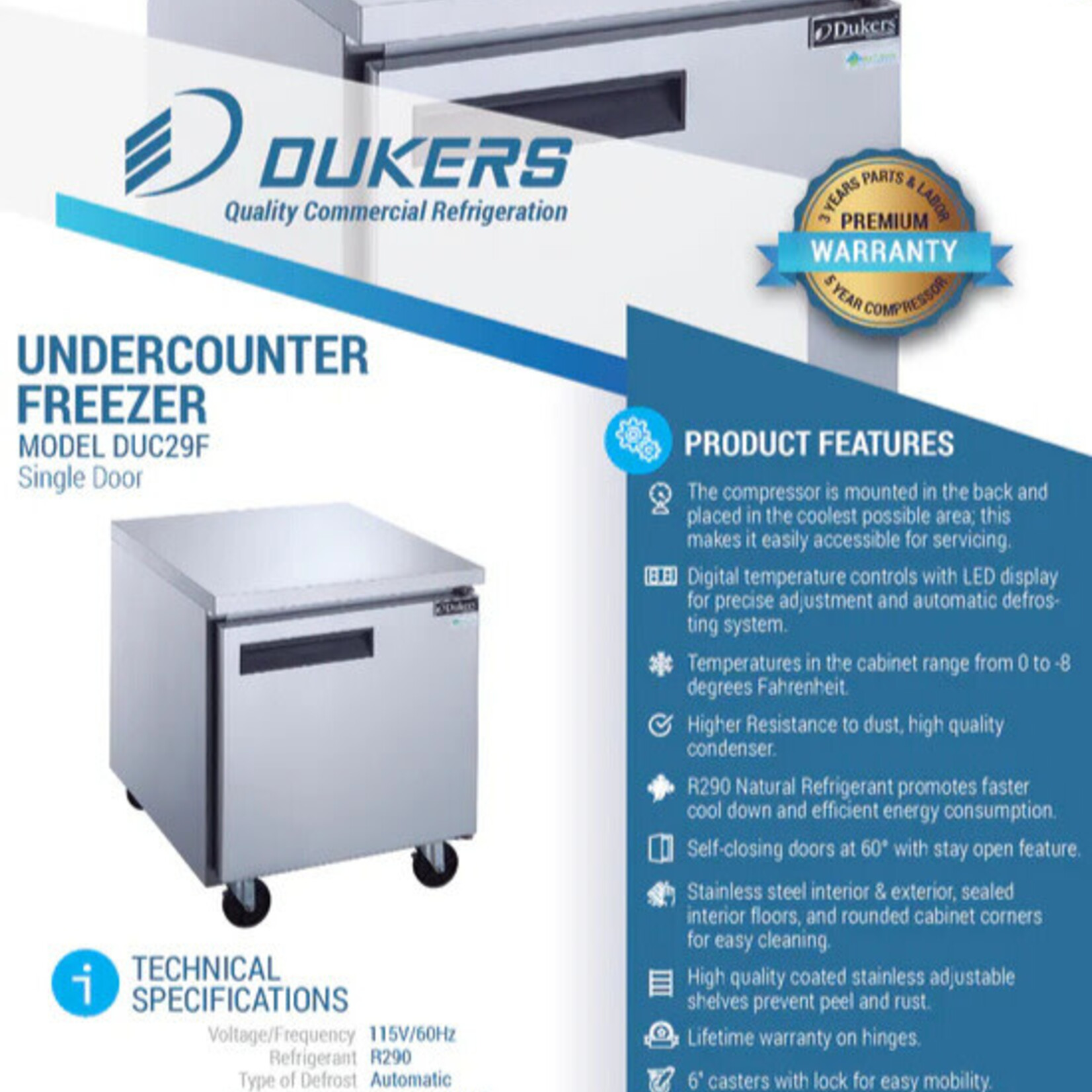 DUKERS DUKERS - Single Door Undercounter Freezer in Stainless Steel