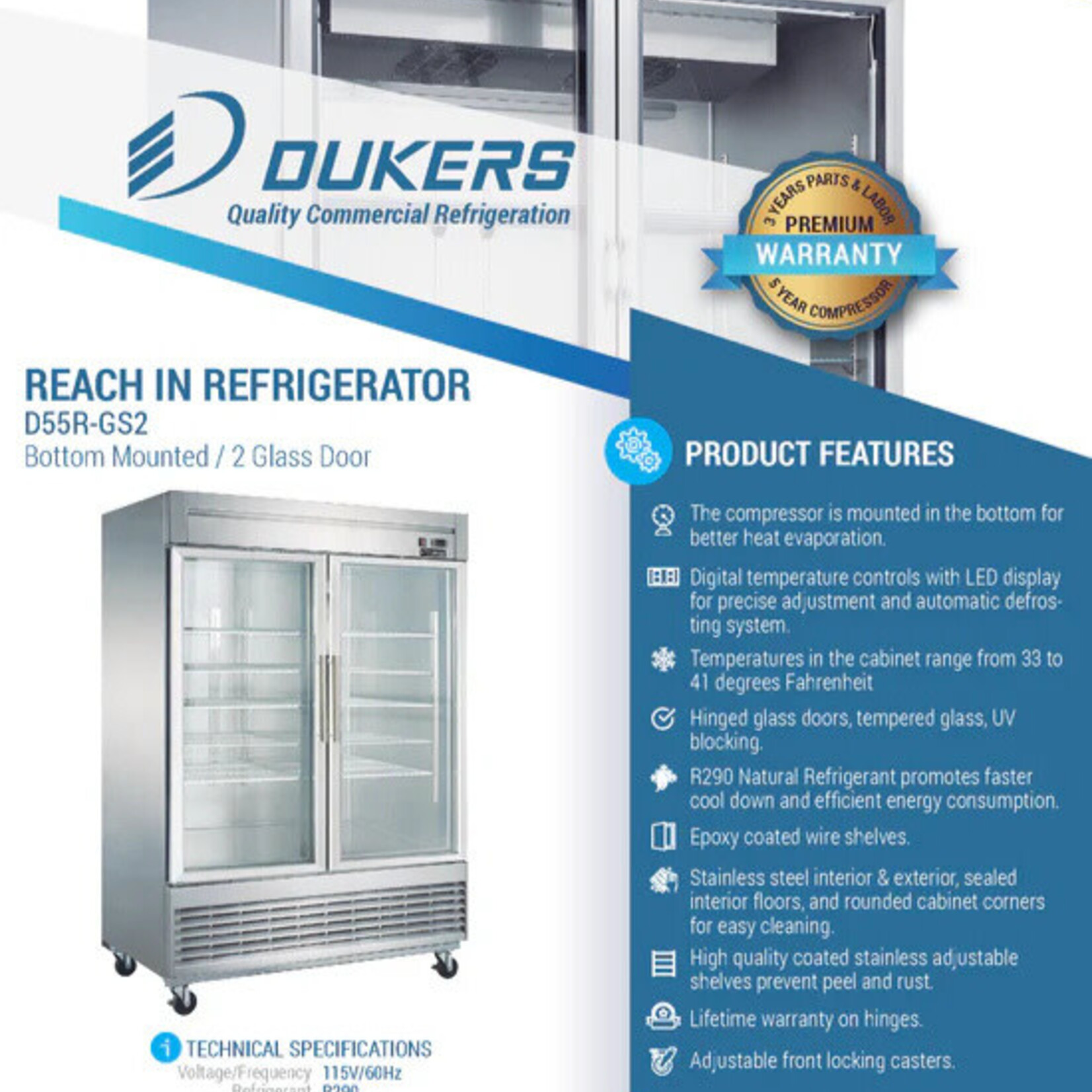 DUKERS DUKERS - 2-Door Bottom Mount Glass Commercial Reach-in Refrigerator