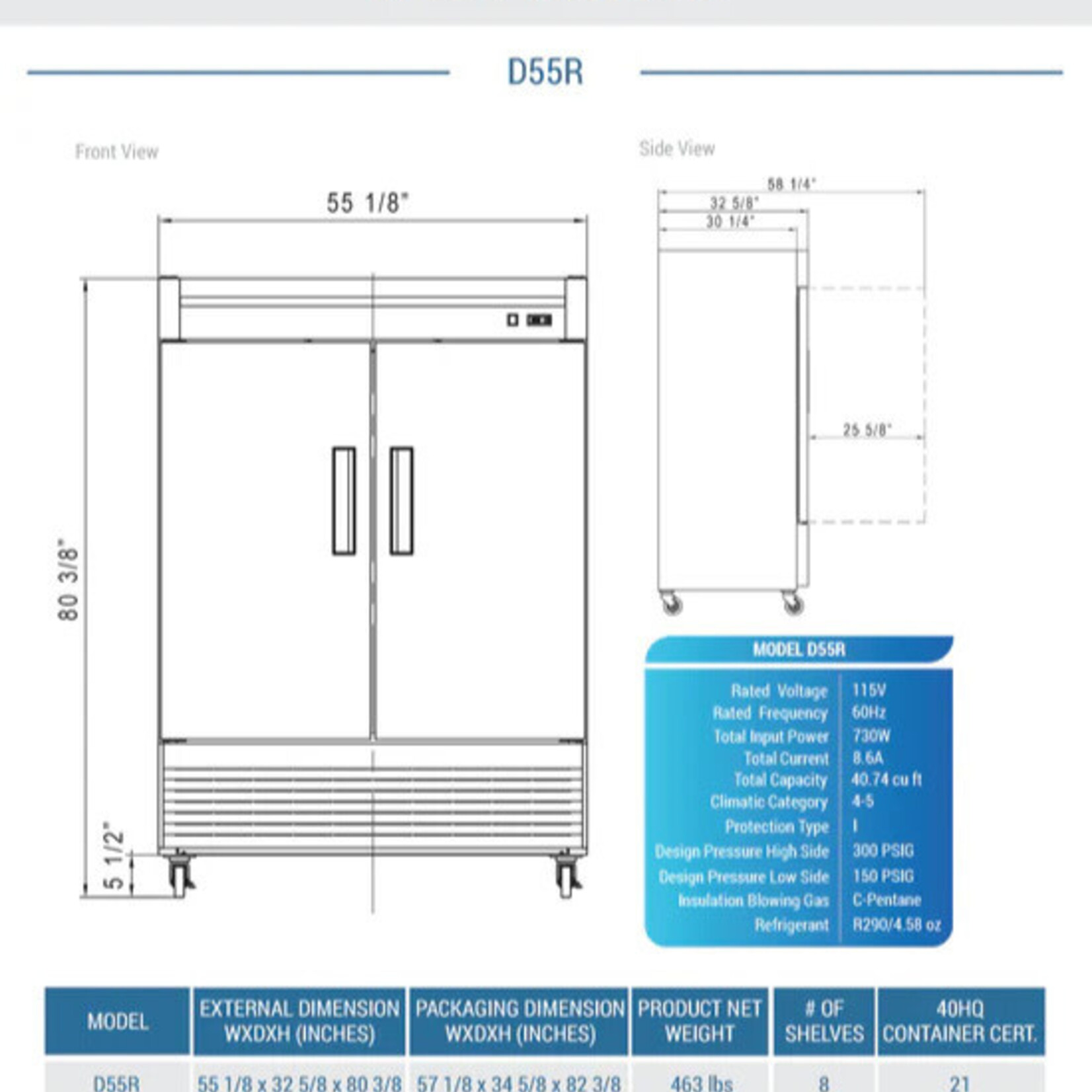 DUKERS DUKERS - 2-Door Commercial Refrigerator in Stainless Steel