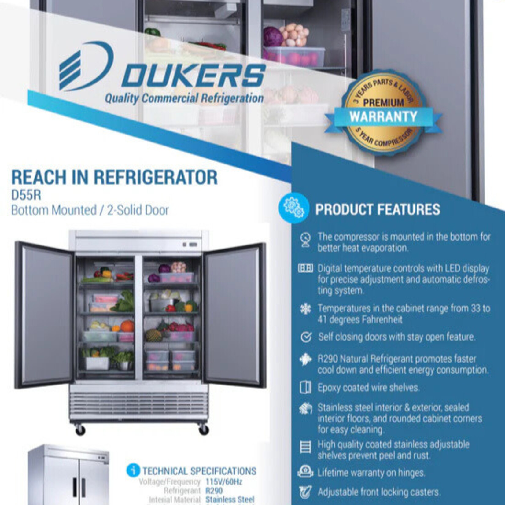 DUKERS DUKERS - 2-Door Commercial Refrigerator in Stainless Steel