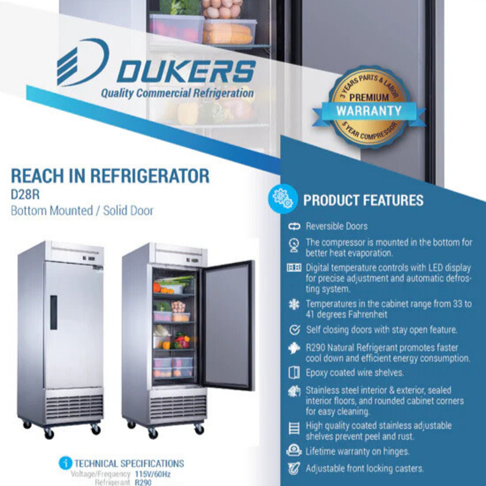 DUKERS DUKERS - Single Door Commercial Refrigerator in Stainless Steel