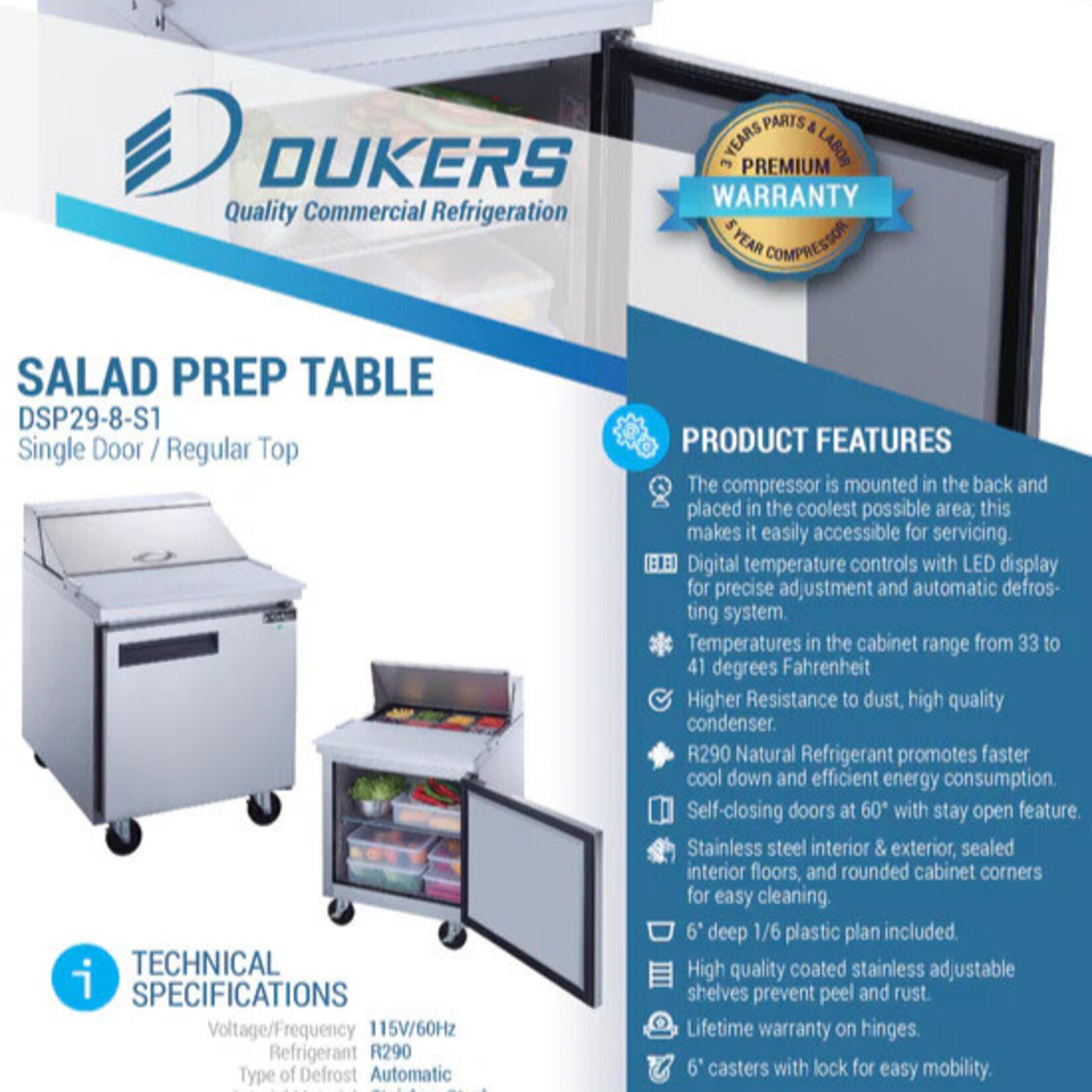 DUKERS DUKERS - 29" 1-Door Commercial Food Prep Table Refrigerator in Stainless Steel