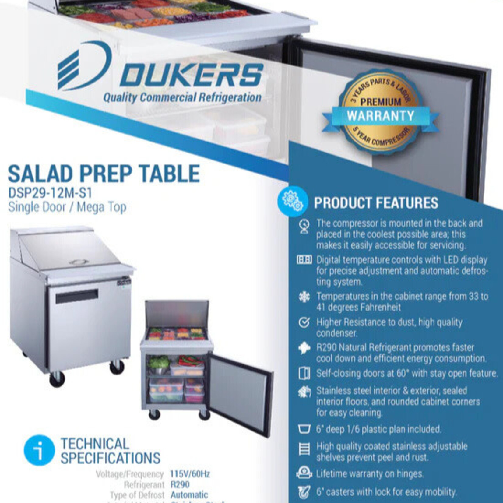 DUKERS DUKERS - 29" 1-Door Commercial Food Prep Table Refrigerator in Stainless Steel with Mega Top