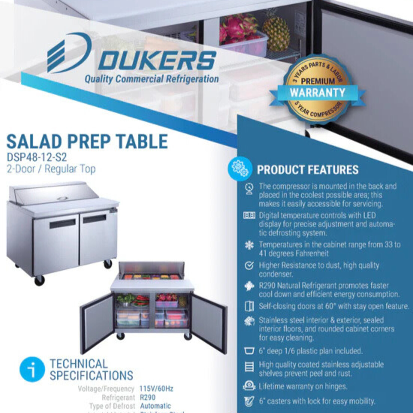 DUKERS DUKERS - 48" 2-Door Commercial Food Prep Table Refrigerator in Stainless Steel