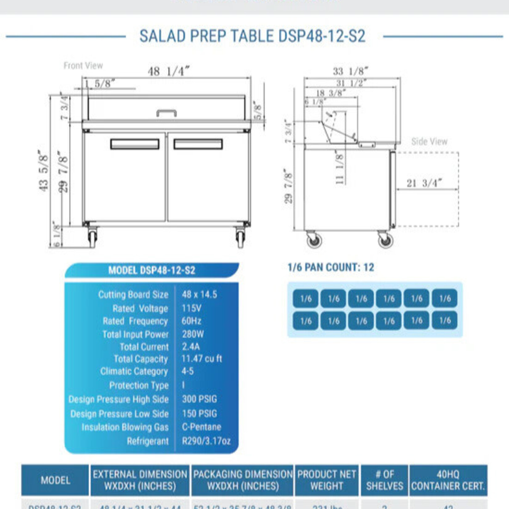 DUKERS DUKERS - 48" 2-Door Commercial Food Prep Table Refrigerator in Stainless Steel